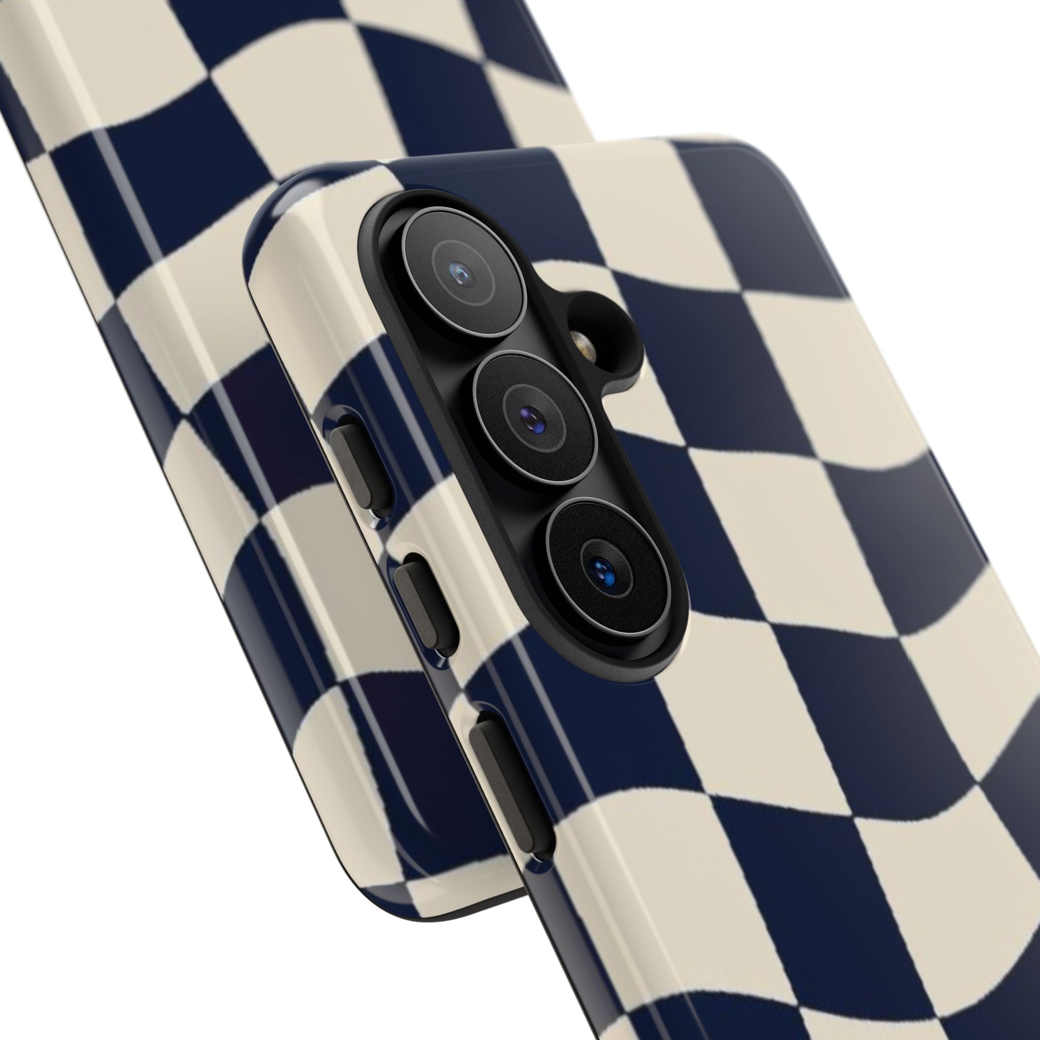 Wavy Checkered Phone Case – Retro Navy Racing Pattern Tough Case