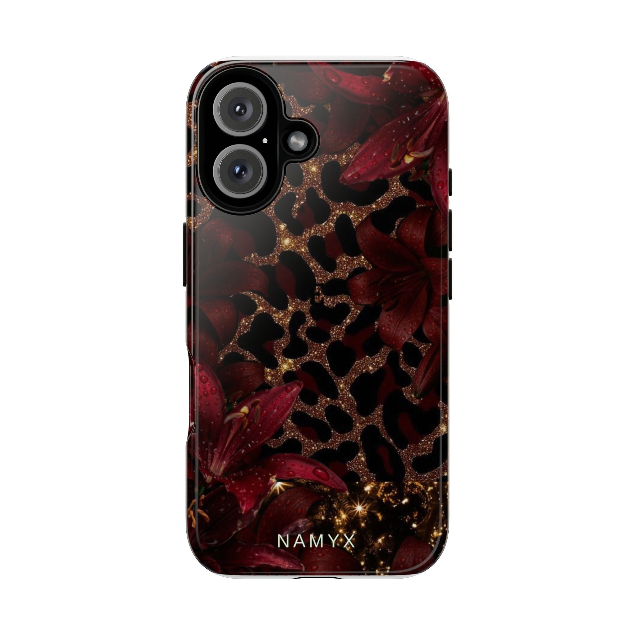 Protective Phone Case — Burgundy Floral & Gold Leopard Print Tough Case