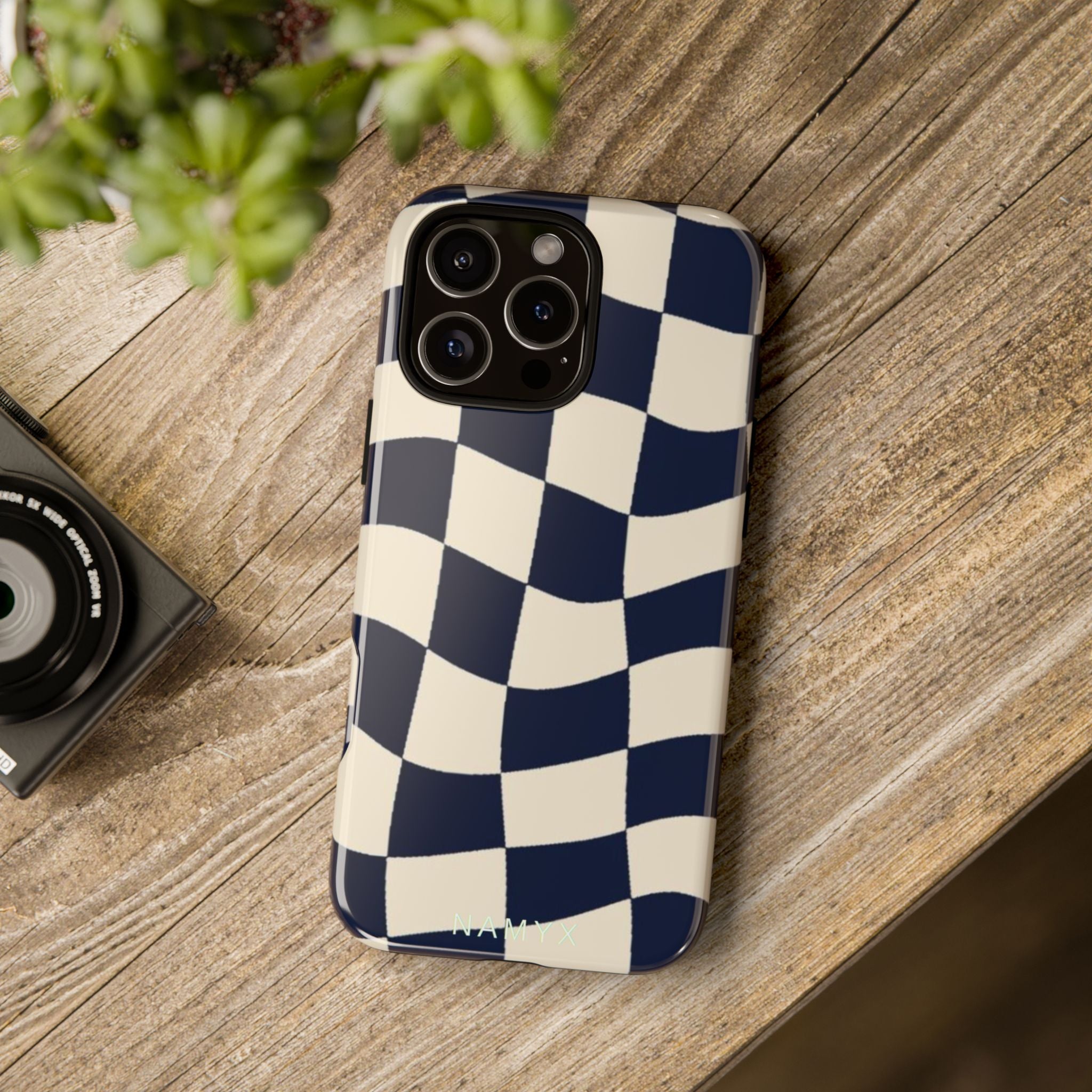Wavy Checkered Phone Case – Retro Navy Racing Pattern Tough Case