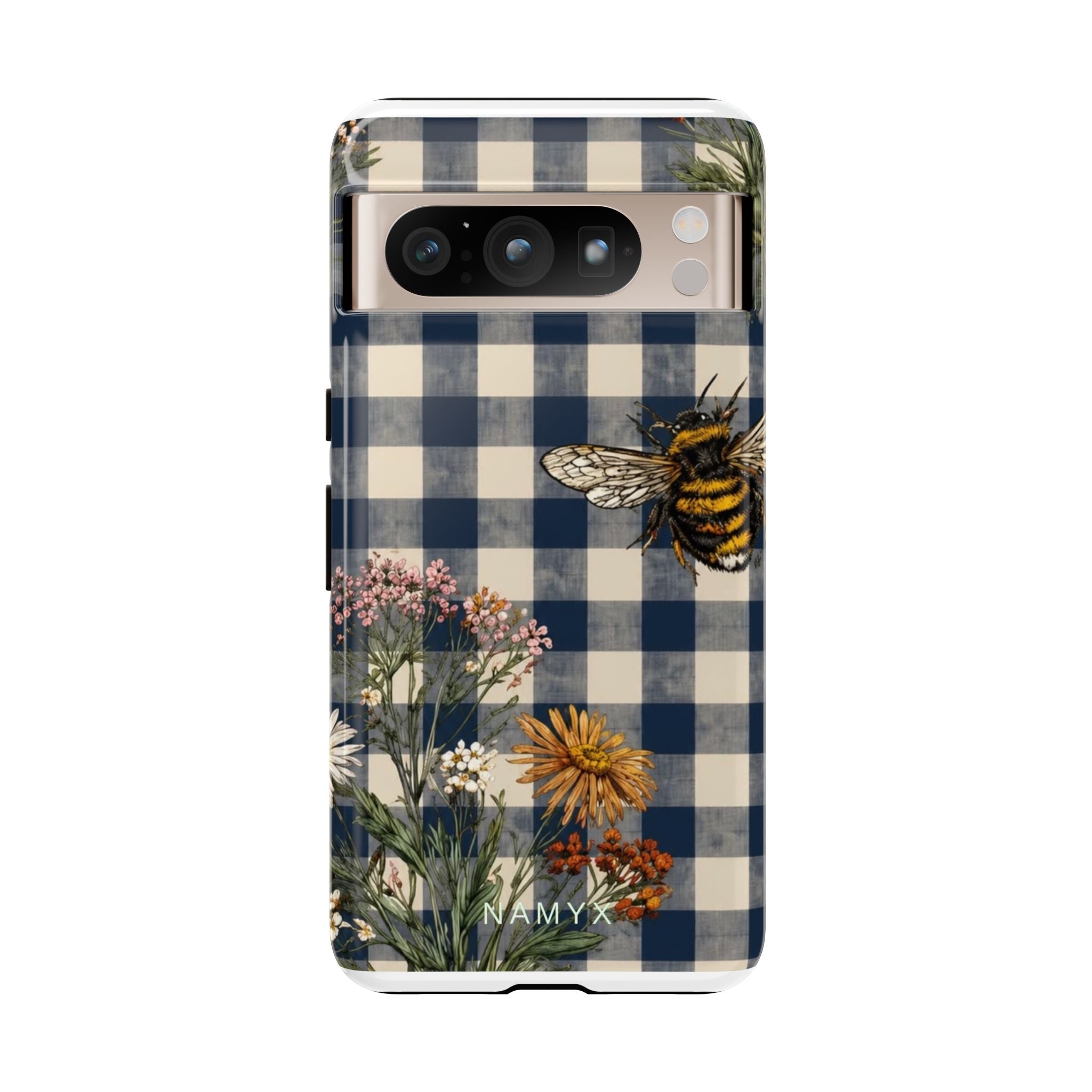 Bee & Wildflower Plaid Phone Case — Navy Buffalo Check Floral iPhone Cover