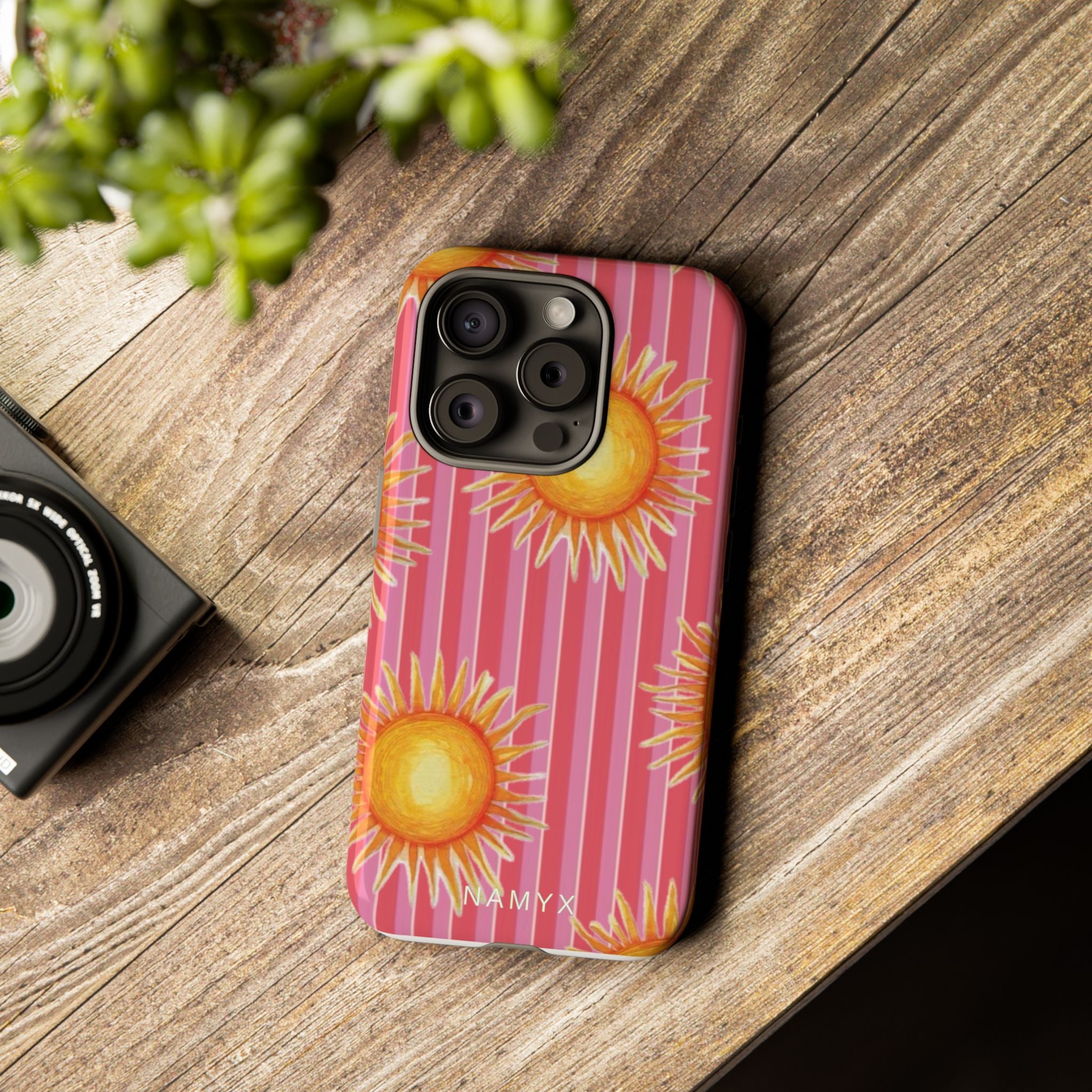 Sunburst Stripe Tough Phone Case — Bright Yellow Sun Pattern on Pink