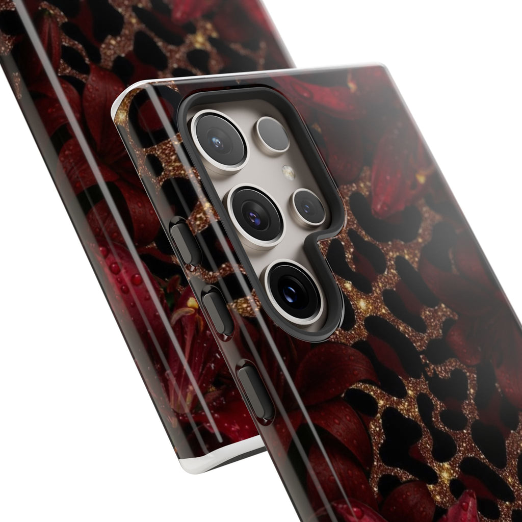Protective Phone Case — Burgundy Floral & Gold Leopard Print Tough Case