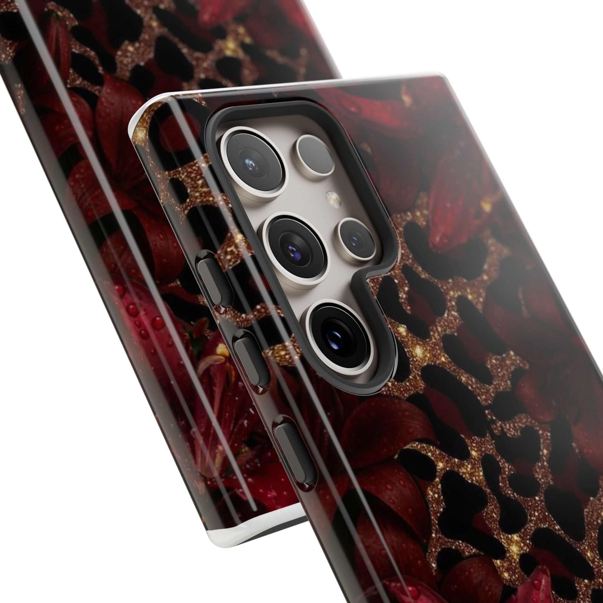 Protective Phone Case — Burgundy Floral & Gold Leopard Print Tough Case