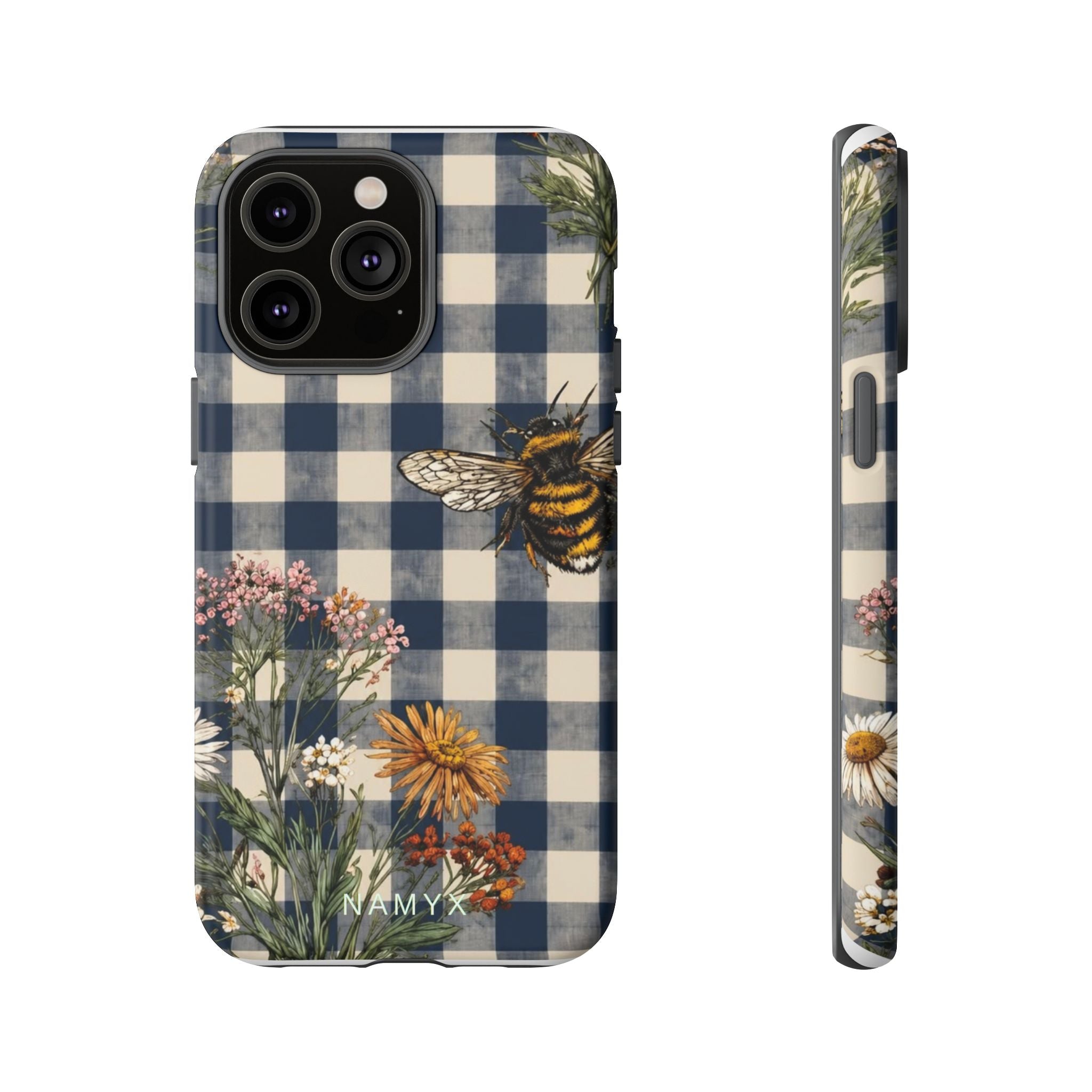 Bee & Wildflower Plaid Phone Case — Navy Buffalo Check Floral iPhone Cover