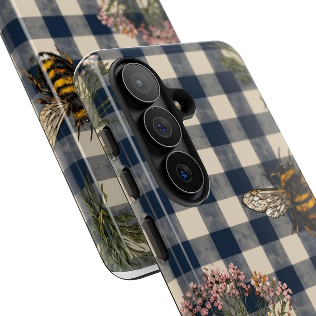 Bee & Wildflower Plaid Phone Case — Navy Buffalo Check Floral iPhone Cover