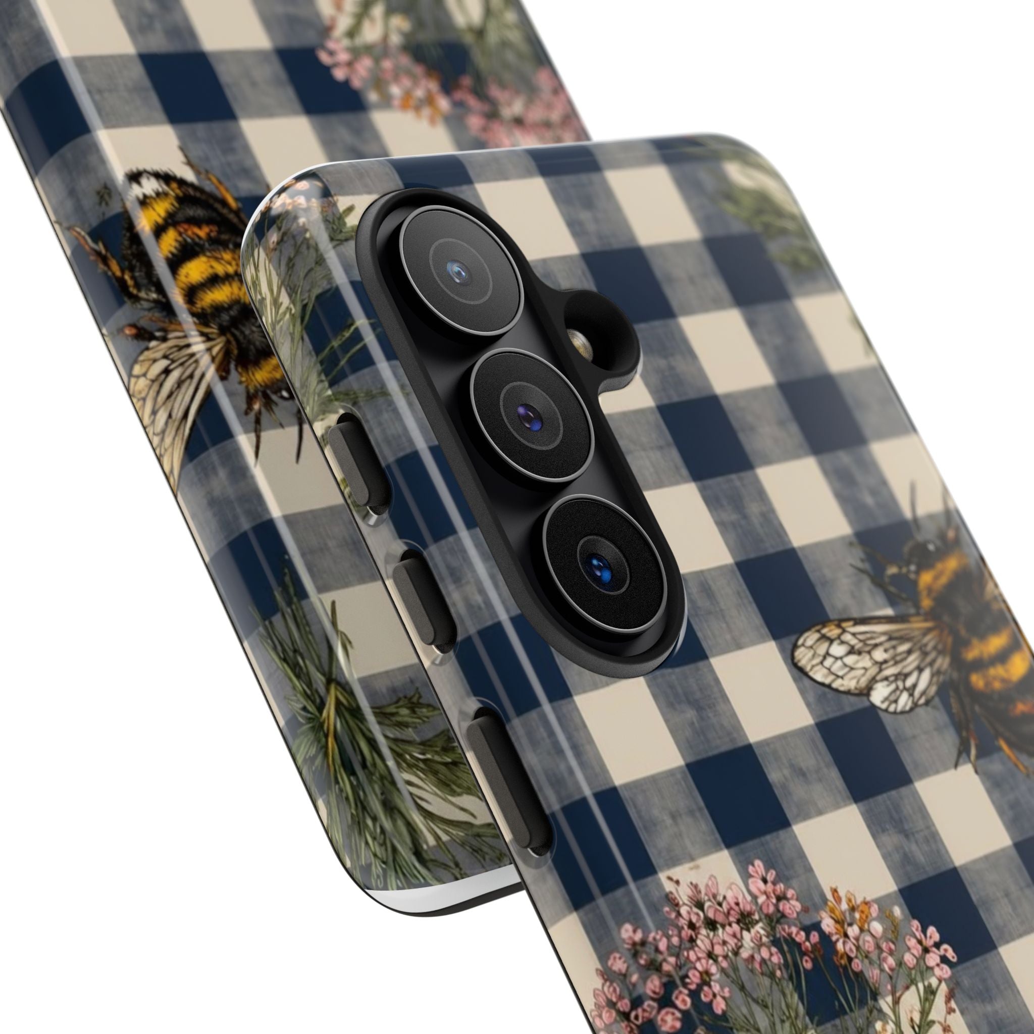 Bee & Wildflower Plaid Phone Case — Navy Buffalo Check Floral iPhone Cover