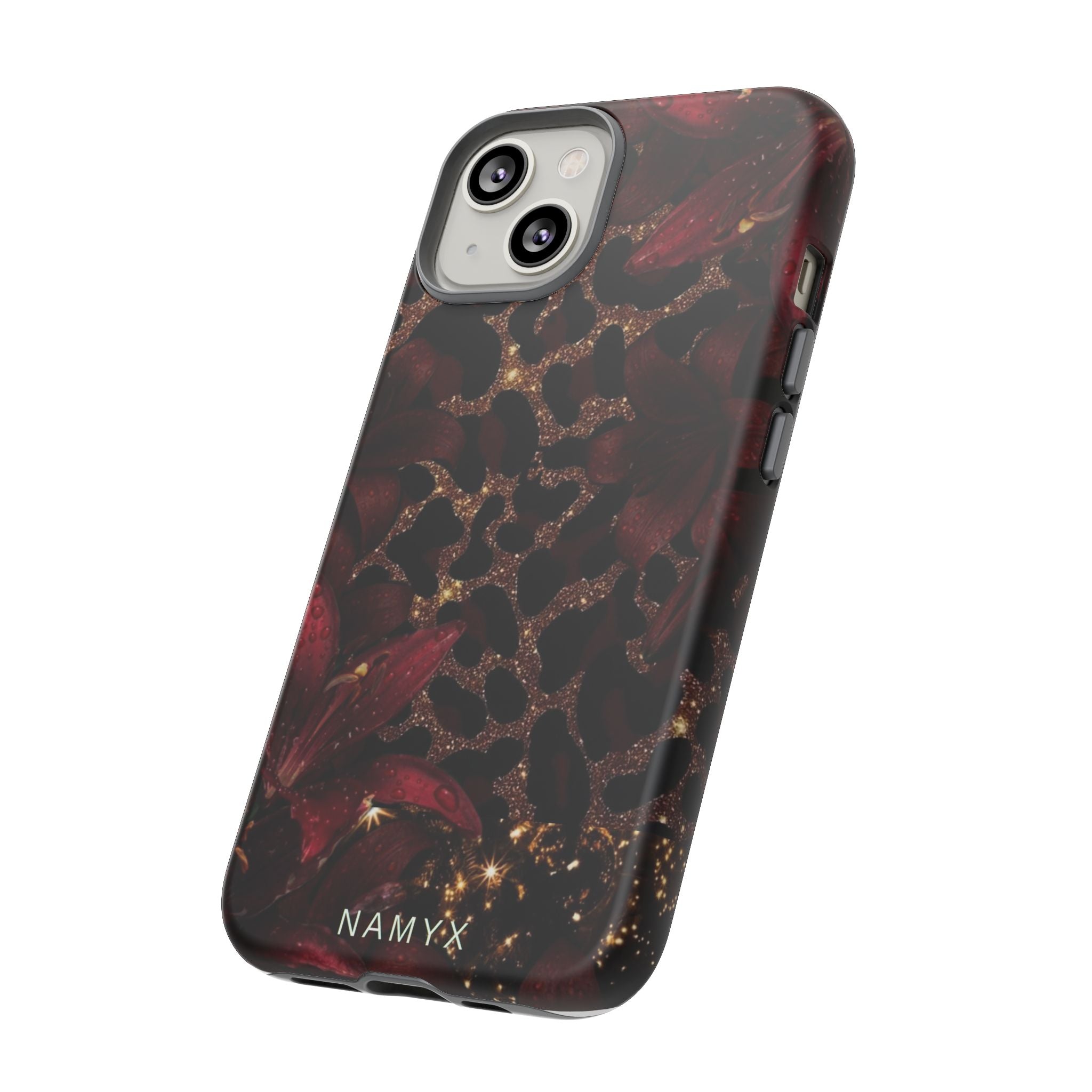 Protective Phone Case — Burgundy Floral & Gold Leopard Print Tough Case