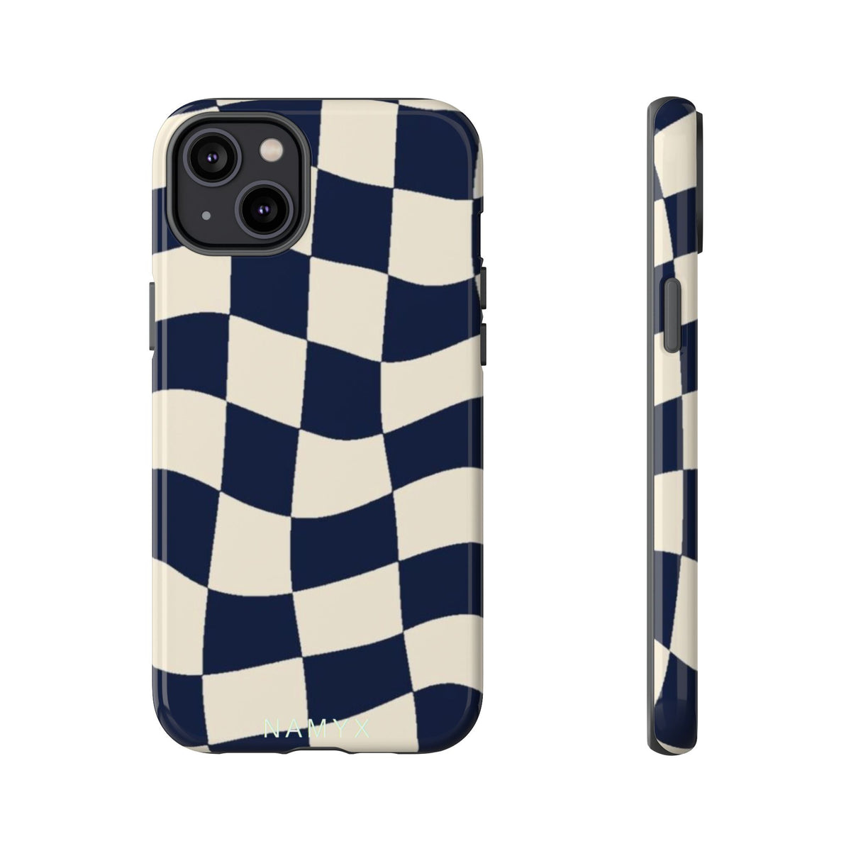 Wavy Checkered Phone Case – Retro Navy Racing Pattern Tough Case