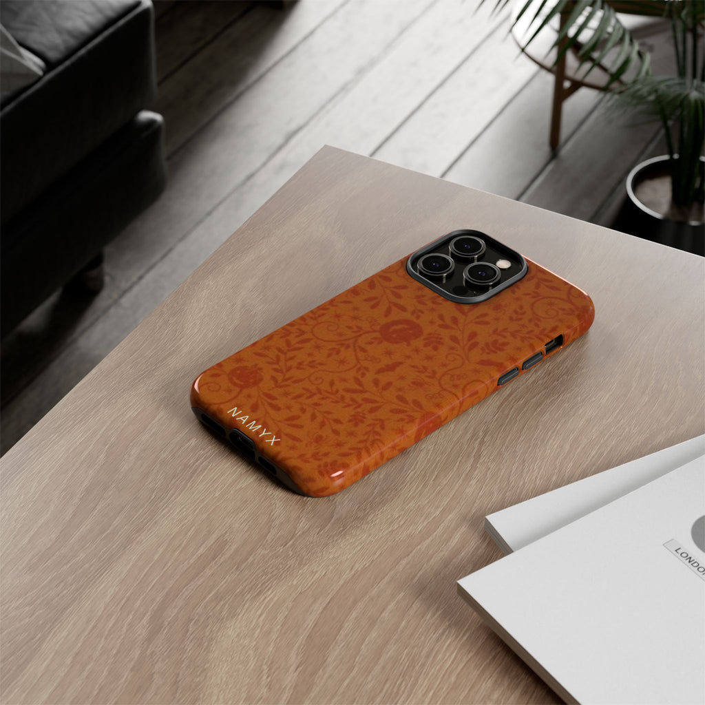 Floral Leather Phone Case — Rustic Orange Botanical Tough Case