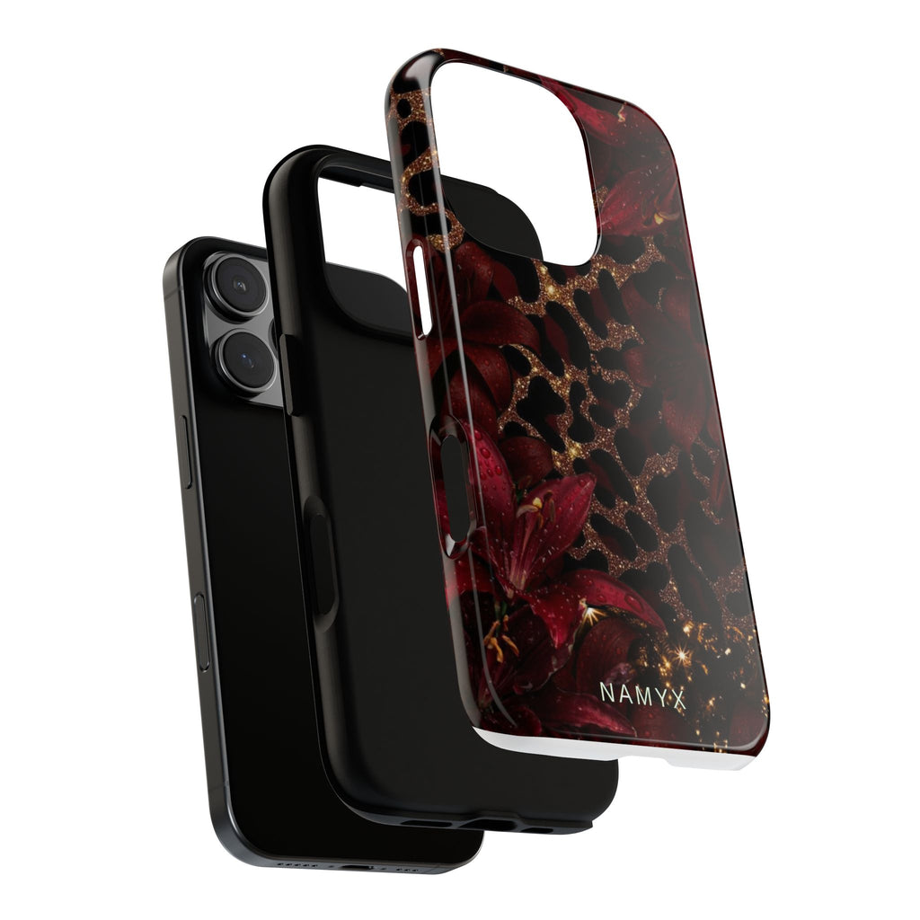 Protective Phone Case — Burgundy Floral & Gold Leopard Print Tough Case