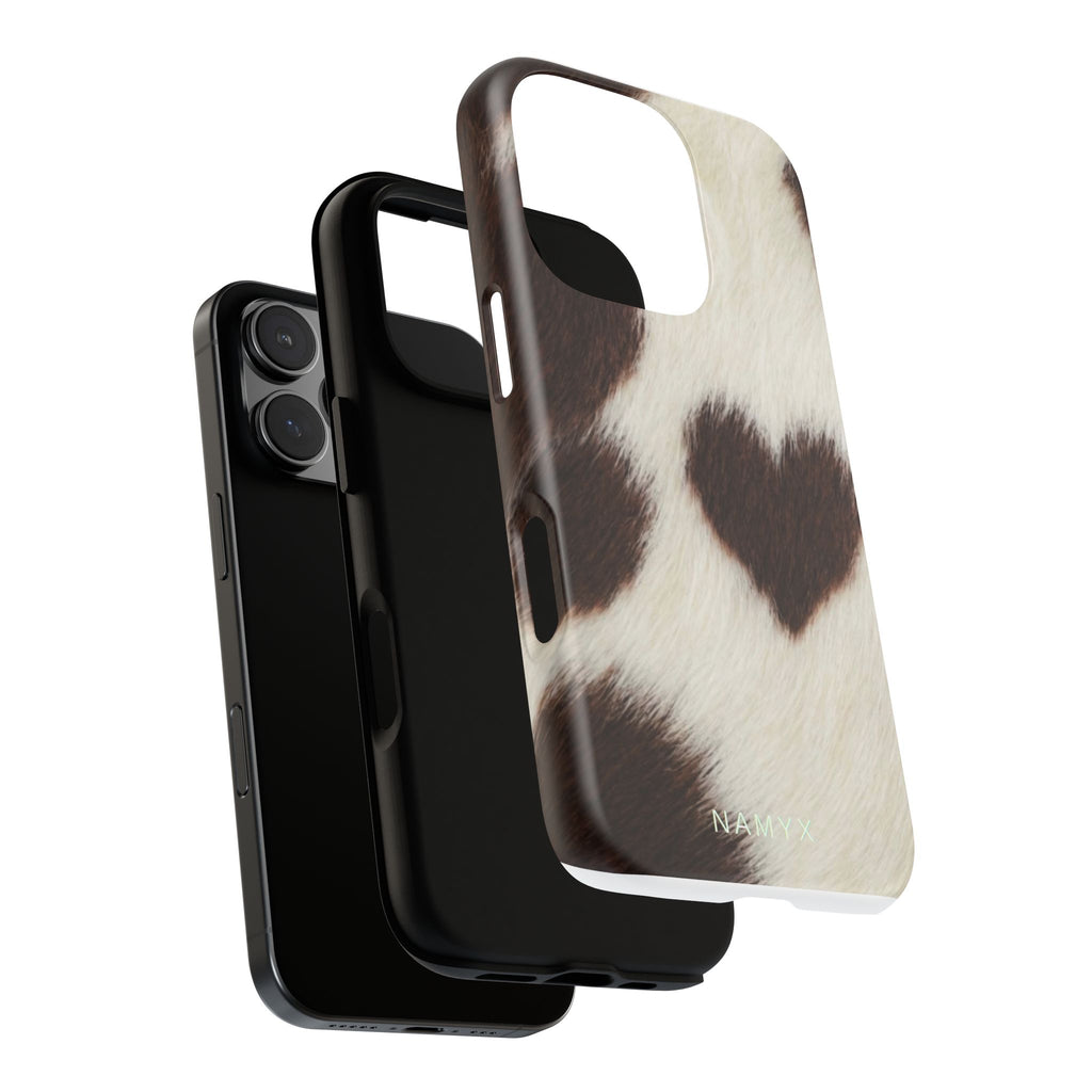 Cowhide Heart Phone Case — Cute Cow Print Protective iPhone Cover