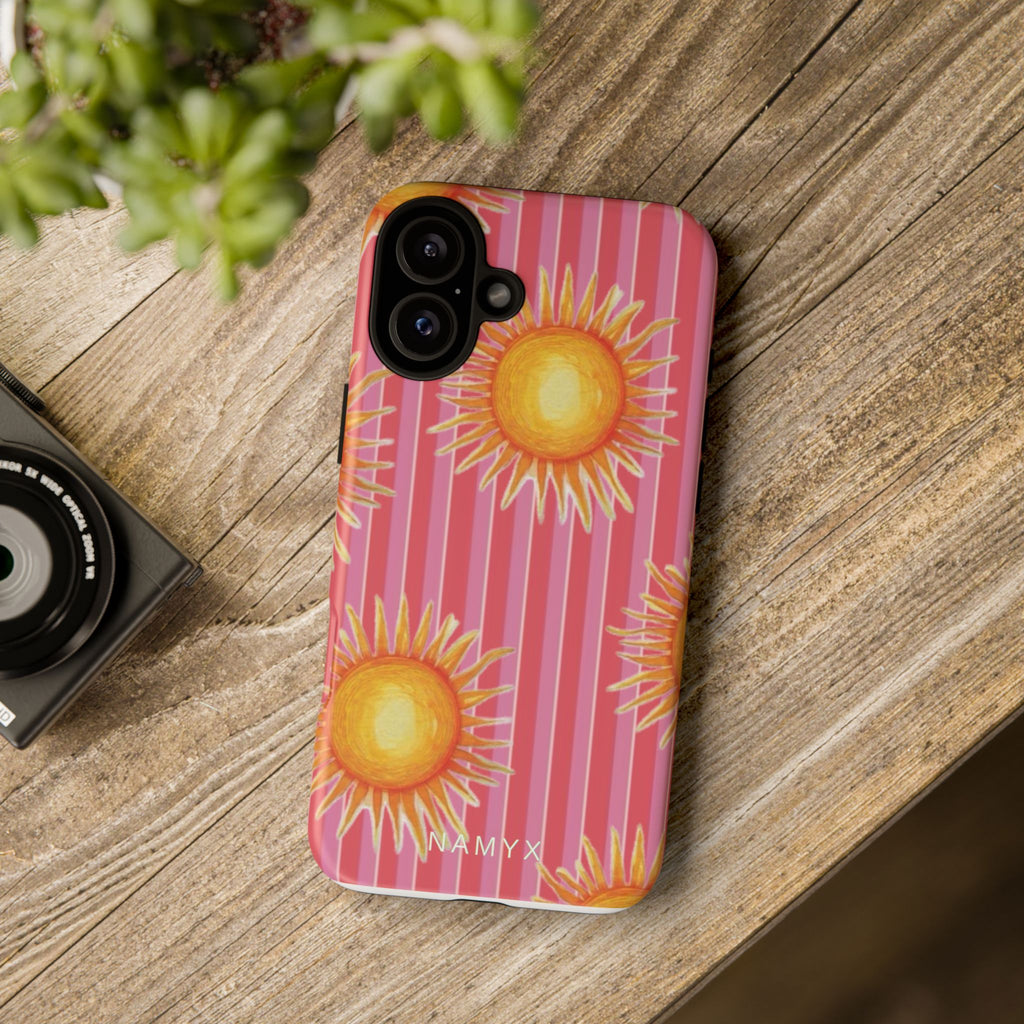 Sunburst Stripe Tough Phone Case — Bright Yellow Sun Pattern on Pink