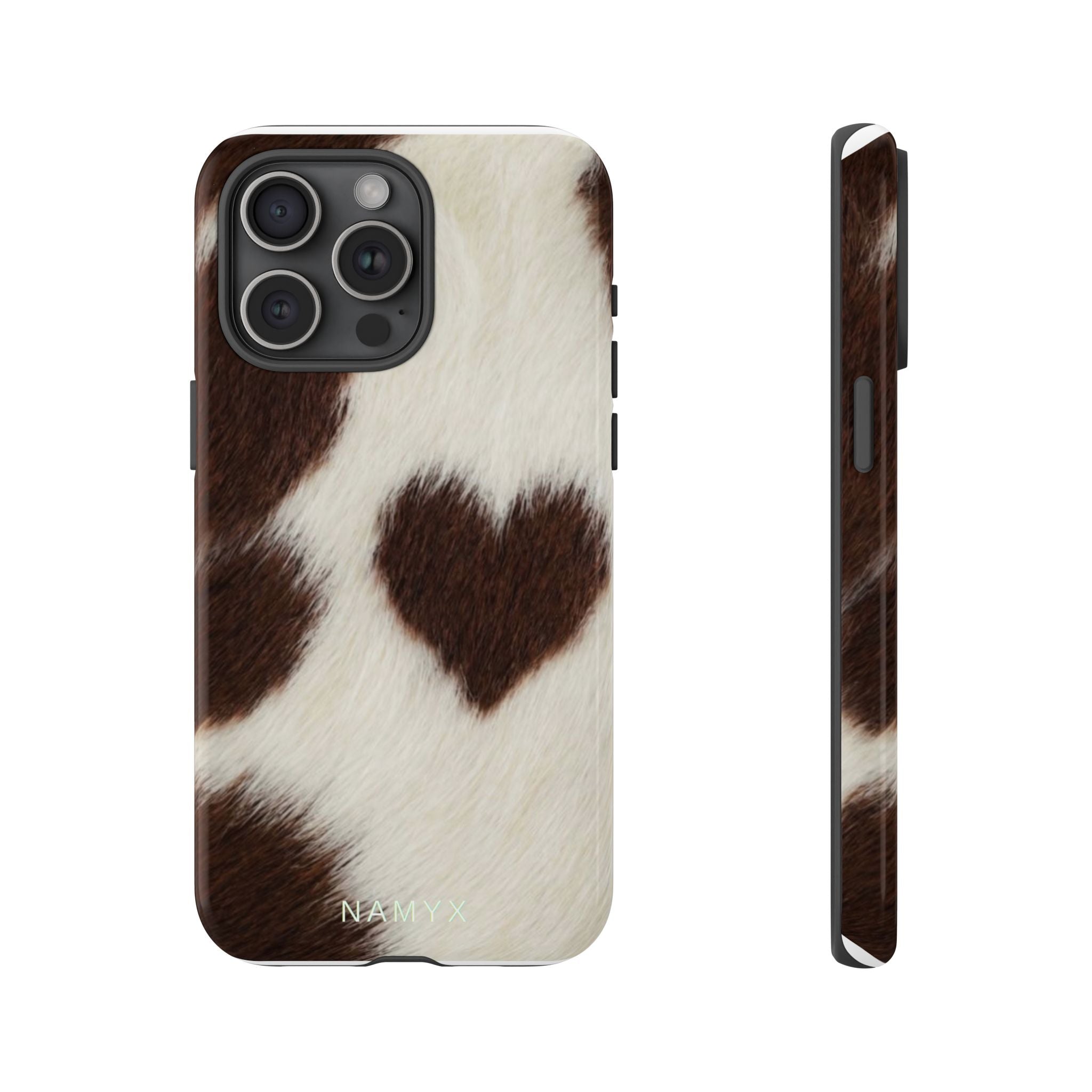 Cowhide Heart Phone Case — Cute Cow Print Protective iPhone Cover