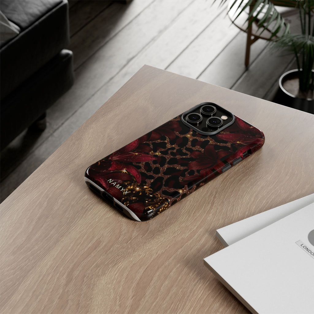 Protective Phone Case — Burgundy Floral & Gold Leopard Print Tough Case