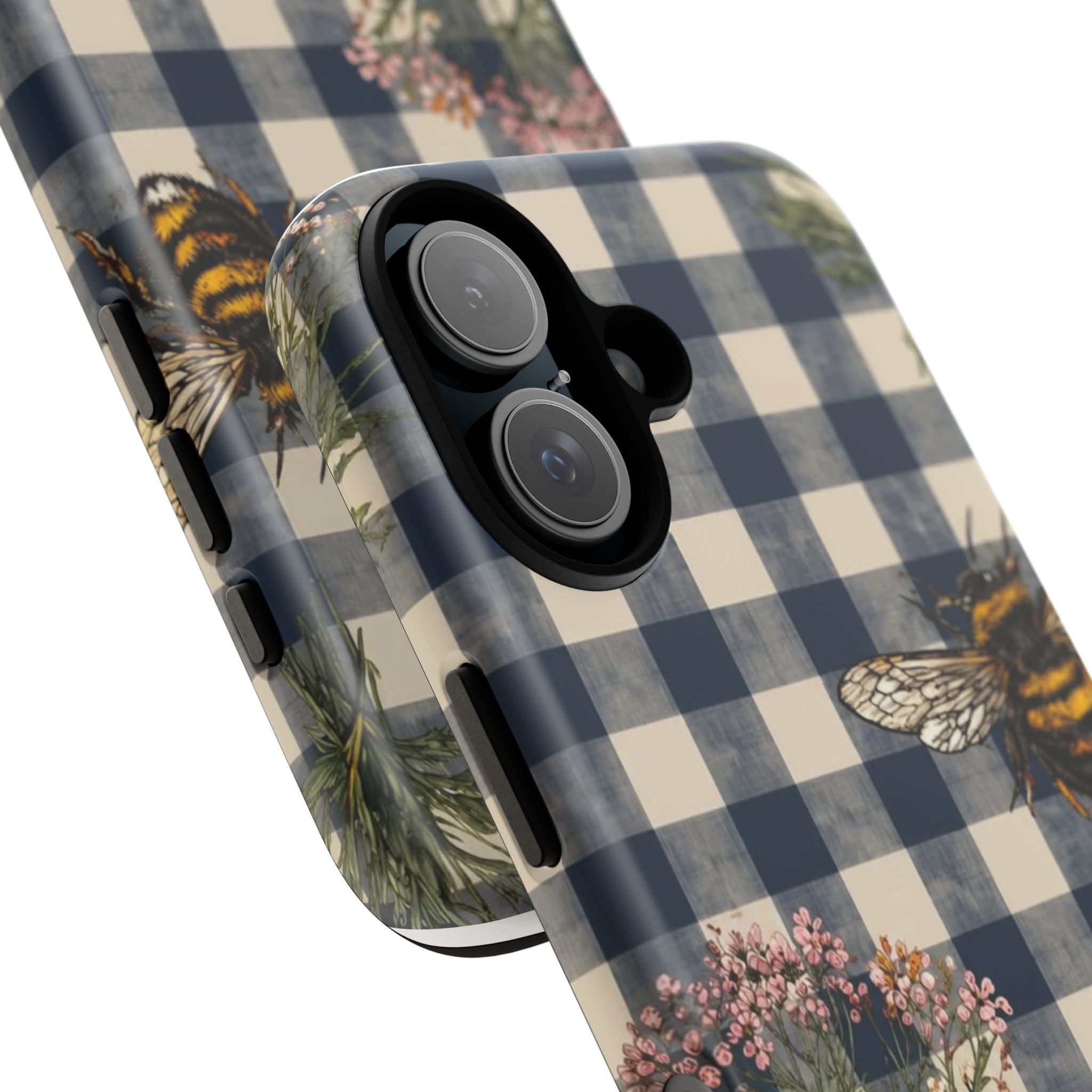 Bee & Wildflower Plaid Phone Case — Navy Buffalo Check Floral iPhone Cover