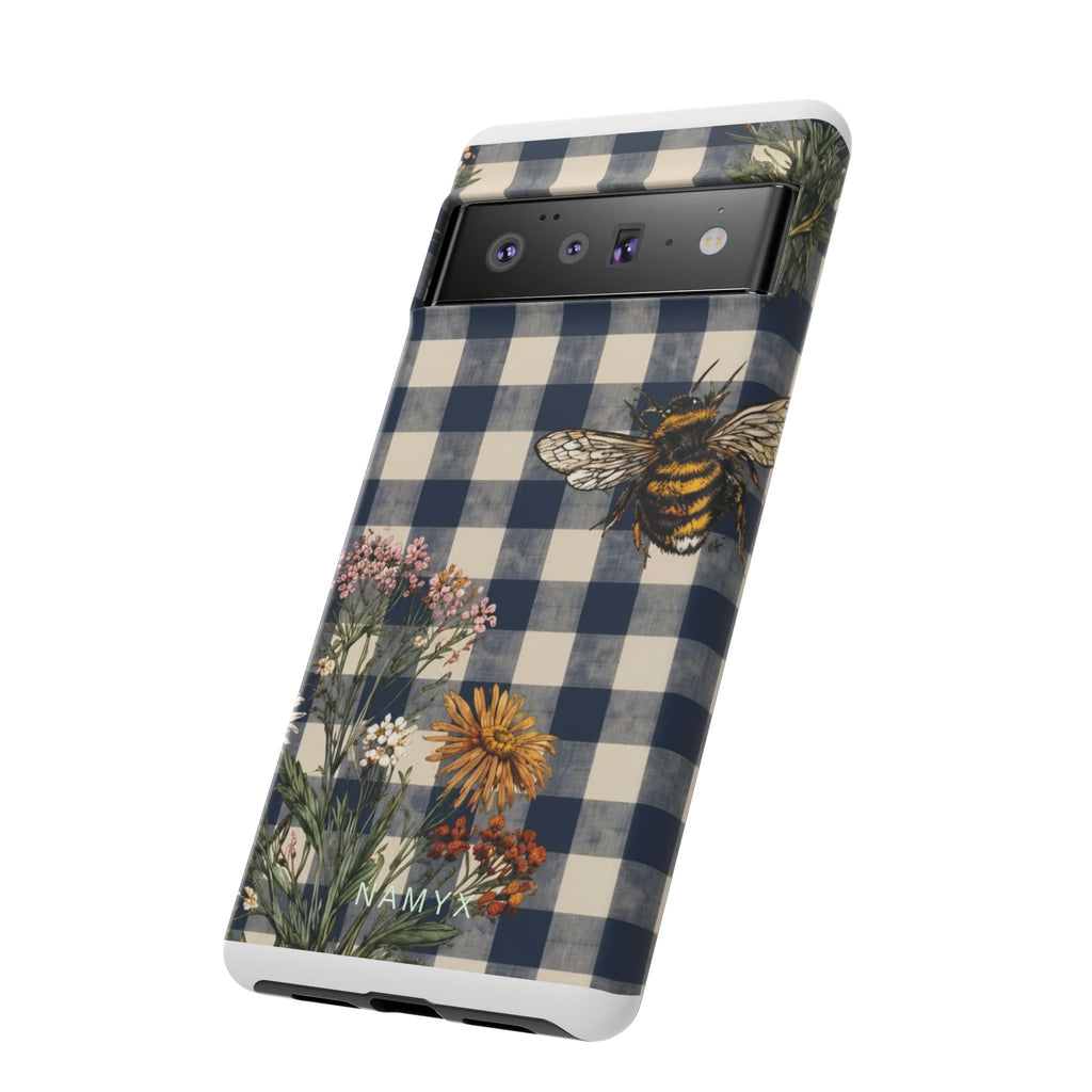 Bee & Wildflower Plaid Phone Case — Navy Buffalo Check Floral iPhone Cover