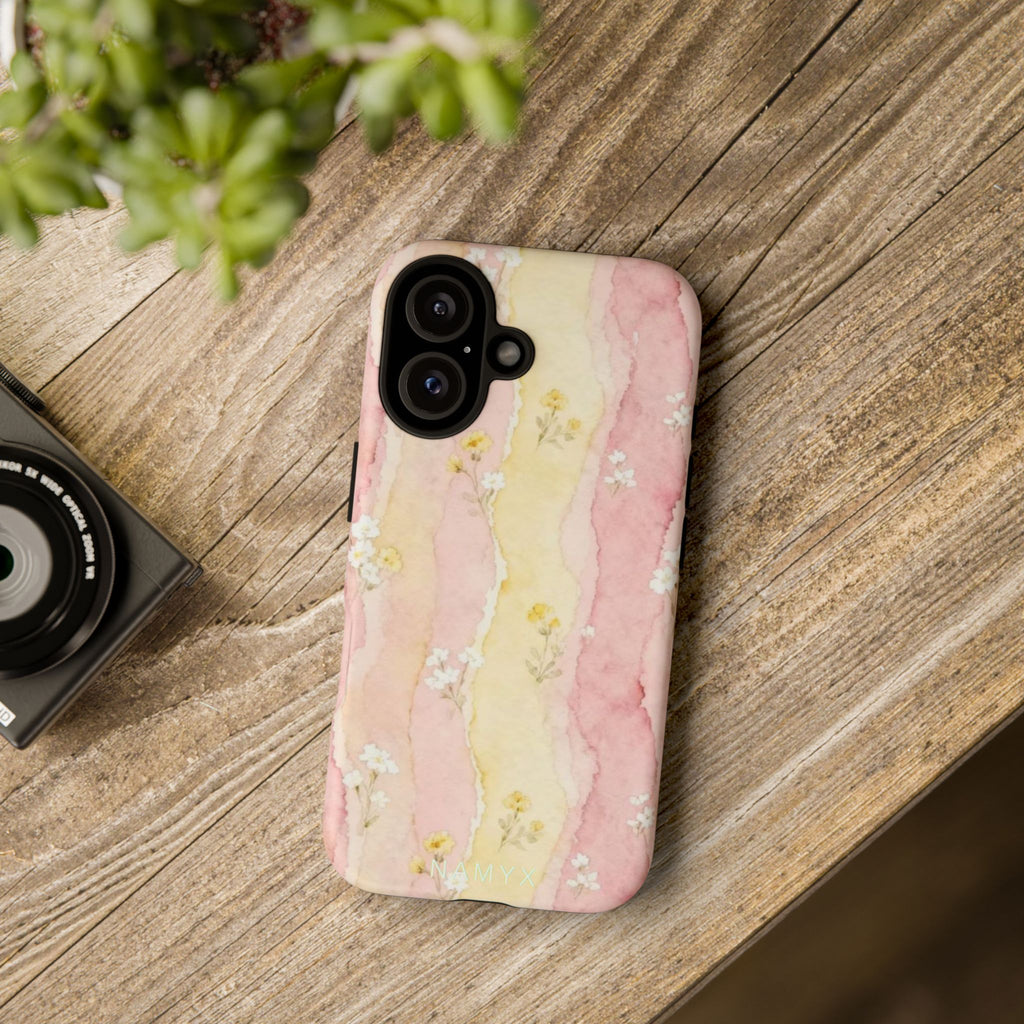 Floral Watercolor Tough Phone Case — Pink & Yellow Daisy Protective Cover