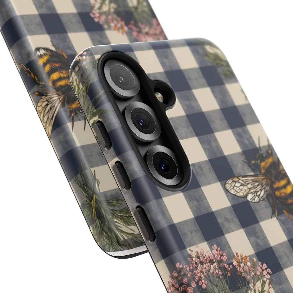 Bee & Wildflower Plaid Phone Case — Navy Buffalo Check Floral iPhone Cover