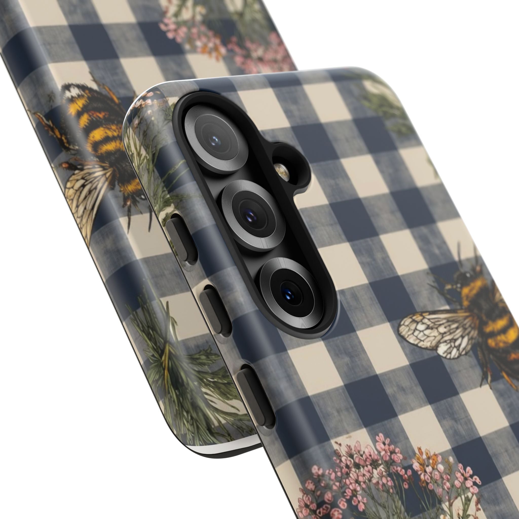 Bee & Wildflower Plaid Phone Case — Navy Buffalo Check Floral iPhone Cover