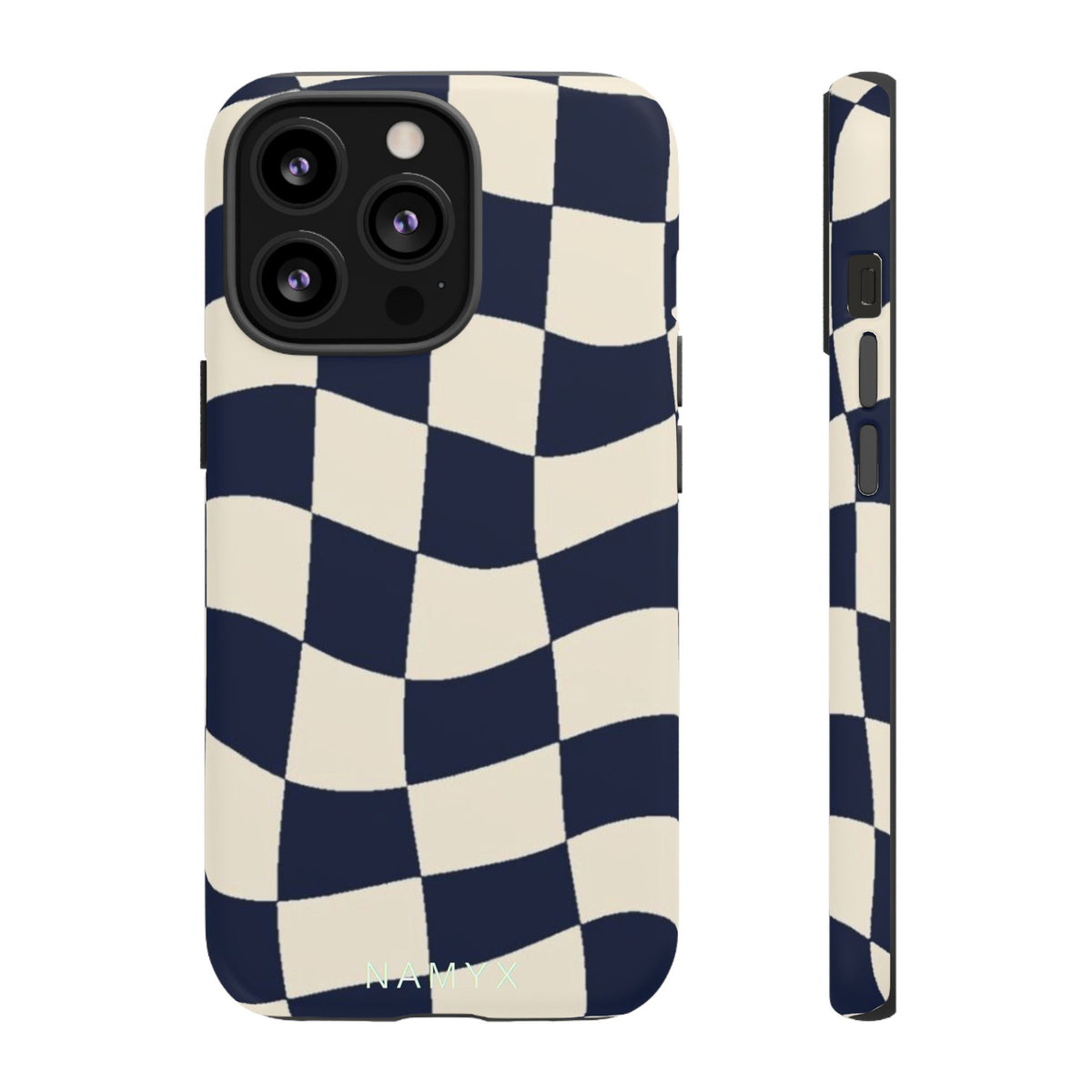 Wavy Checkered Phone Case – Retro Navy Racing Pattern Tough Case