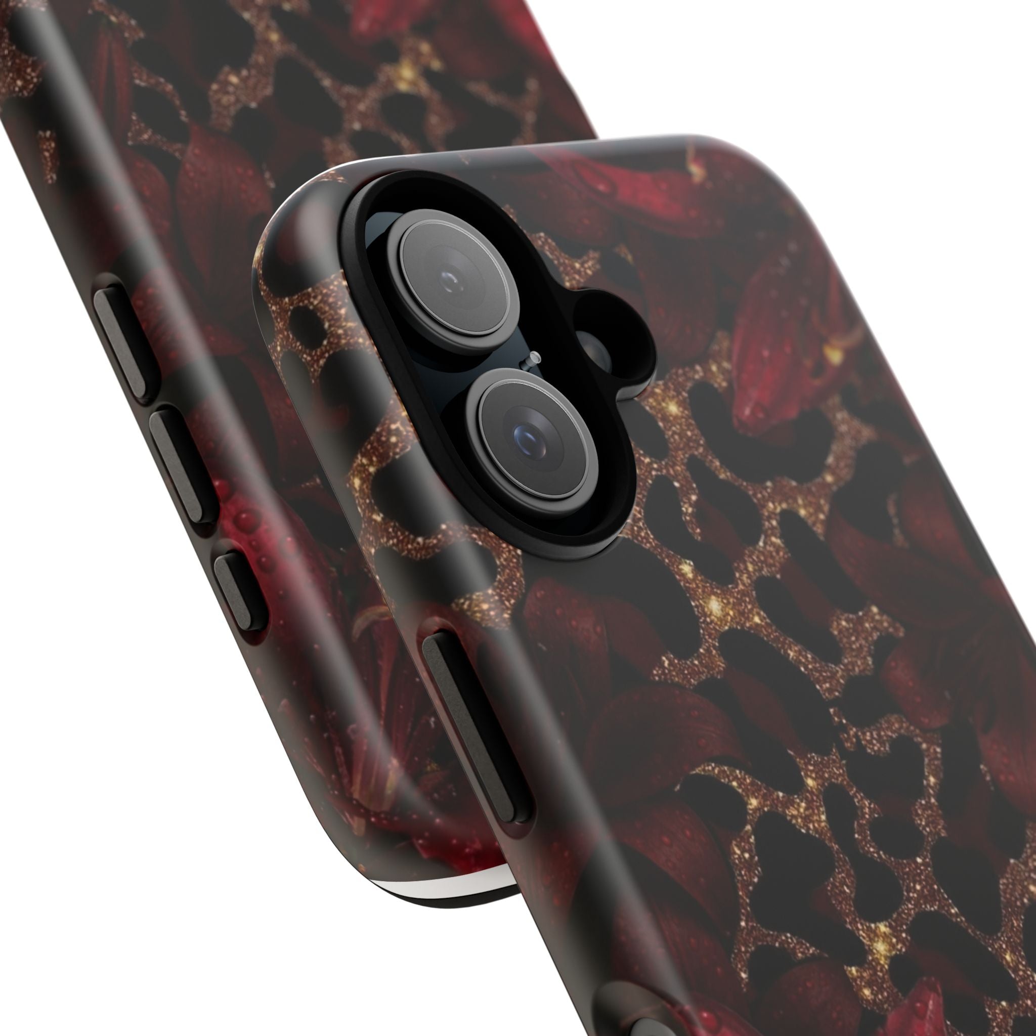 Protective Phone Case — Burgundy Floral & Gold Leopard Print Tough Case