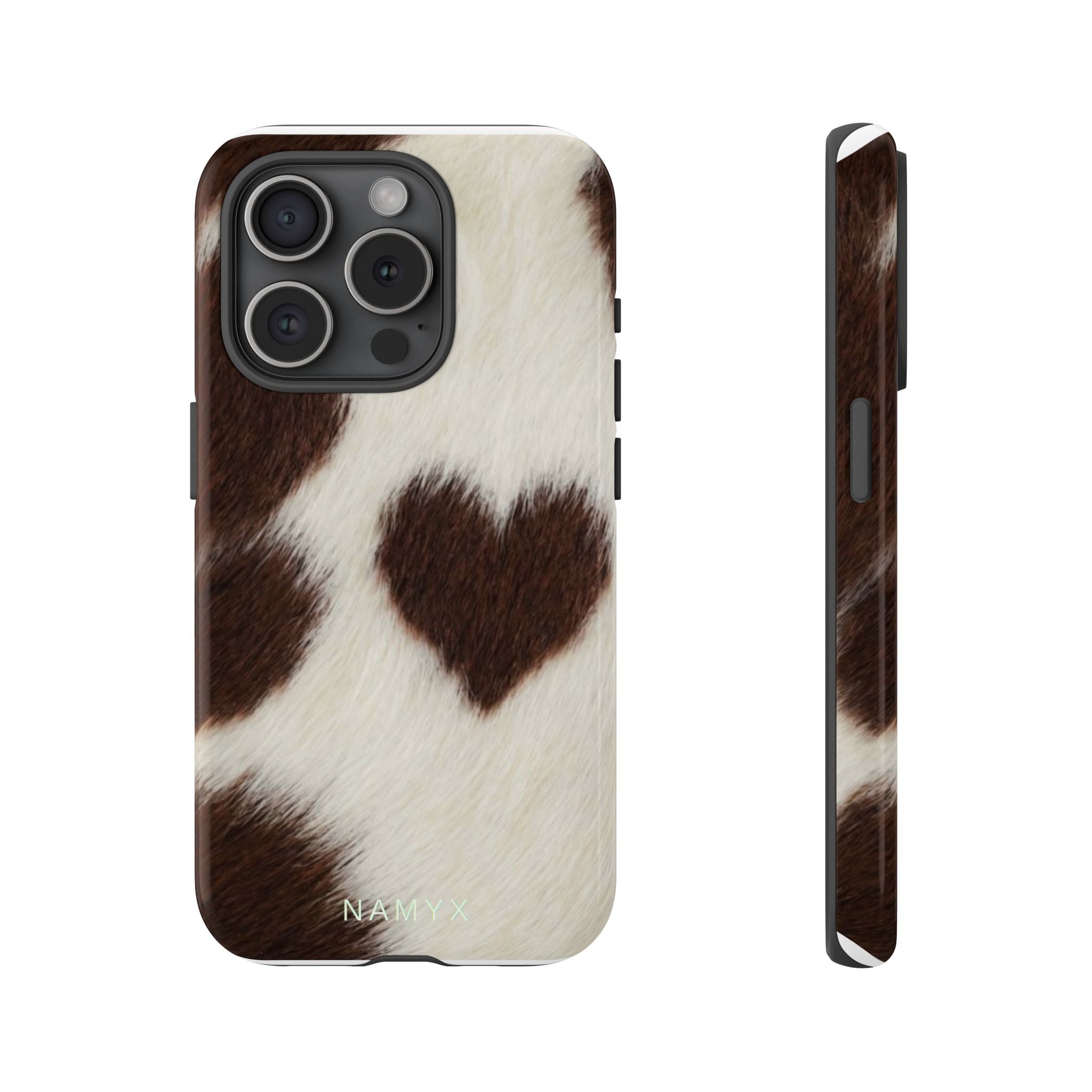 Cowhide Heart Phone Case — Cute Cow Print Protective iPhone Cover