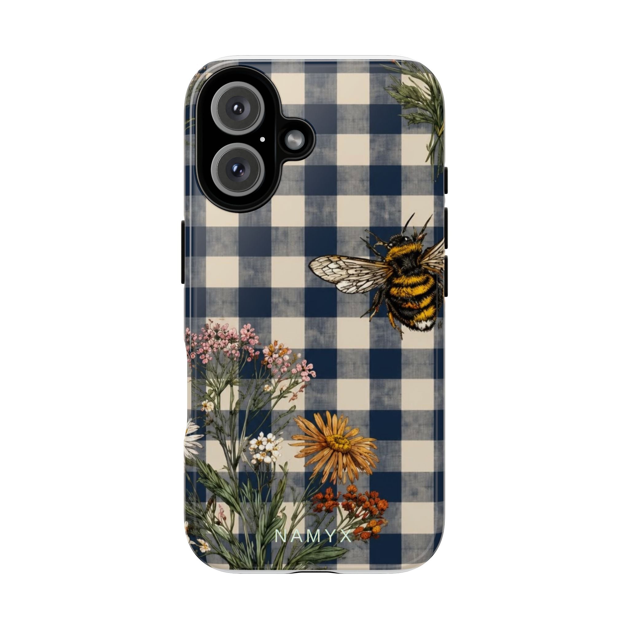 Bee & Wildflower Plaid Phone Case — Navy Buffalo Check Floral iPhone Cover