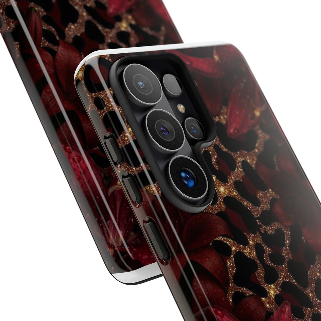 Protective Phone Case — Burgundy Floral & Gold Leopard Print Tough Case