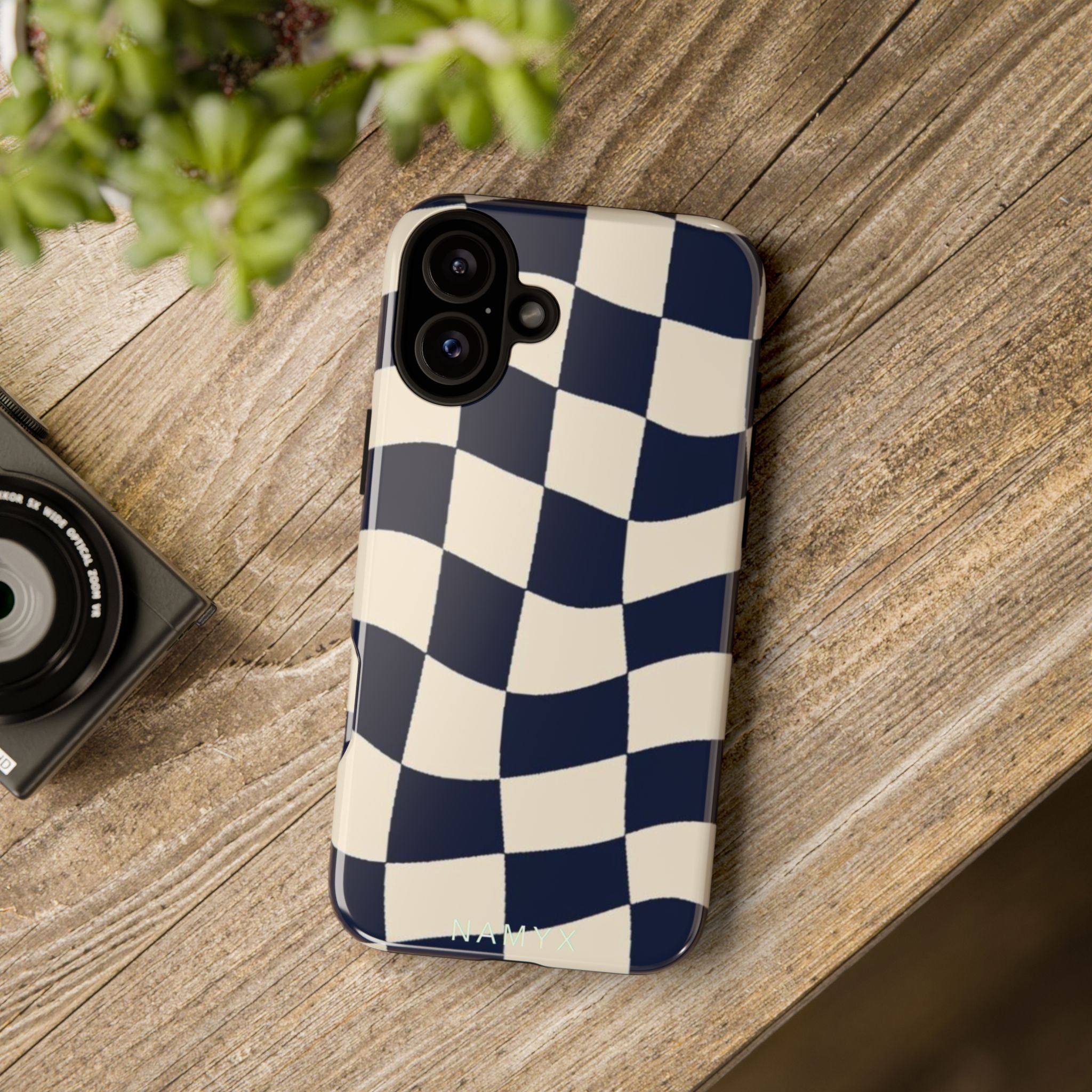 Wavy Checkered Phone Case – Retro Navy Racing Pattern Tough Case