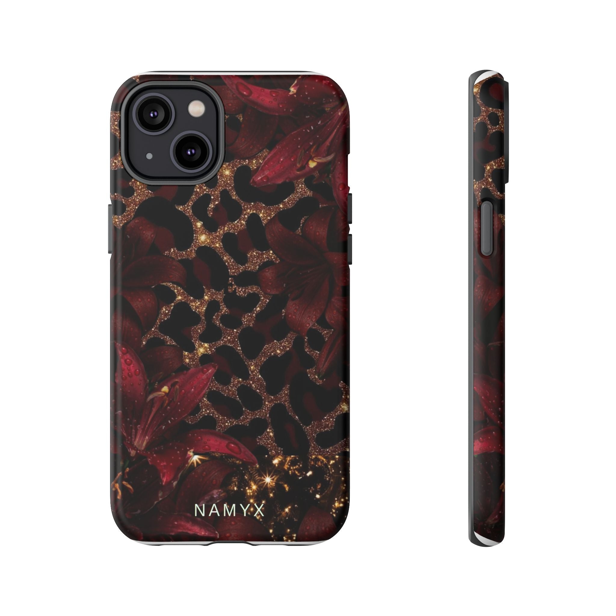 Protective Phone Case — Burgundy Floral & Gold Leopard Print Tough Case