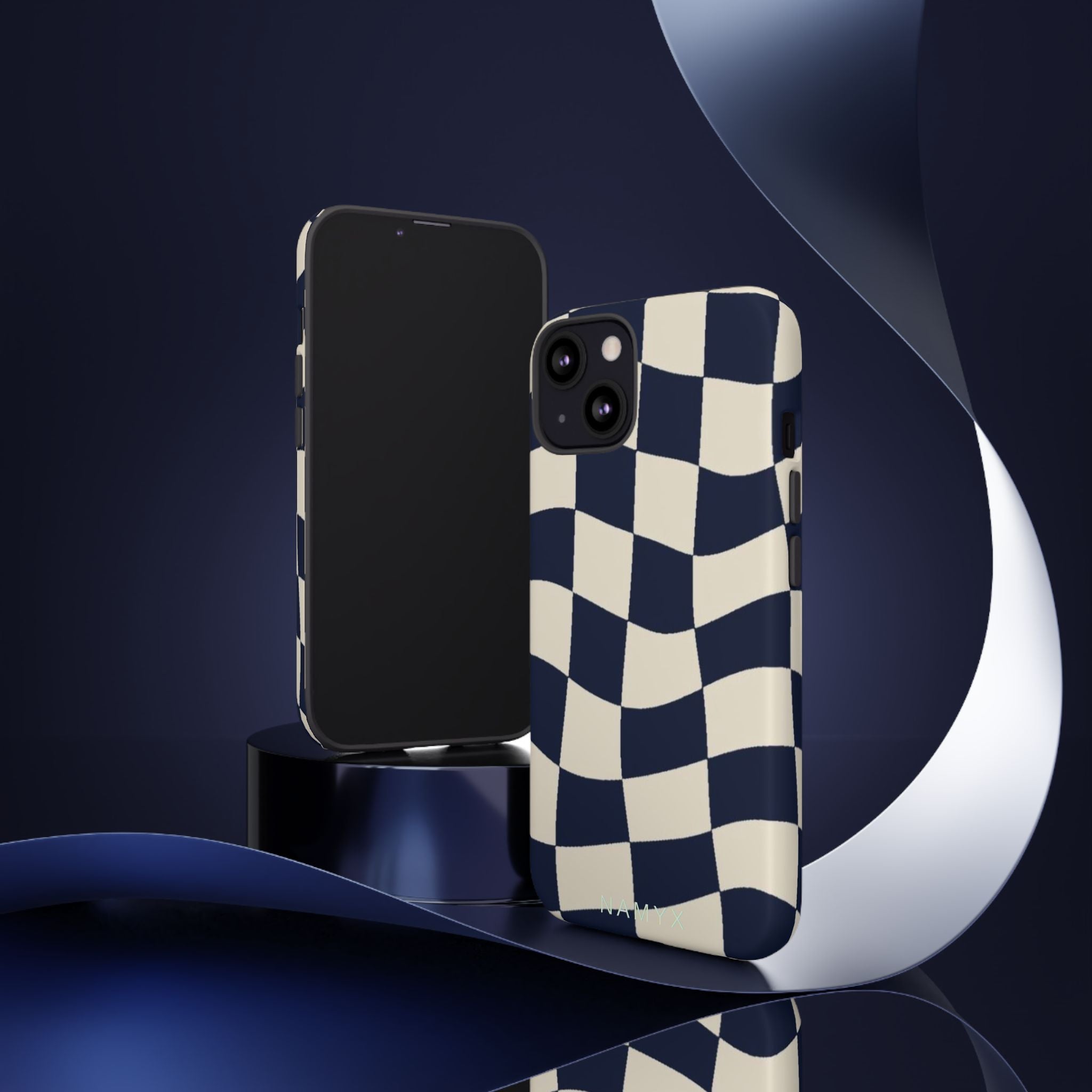 Wavy Checkered Phone Case – Retro Navy Racing Pattern Tough Case