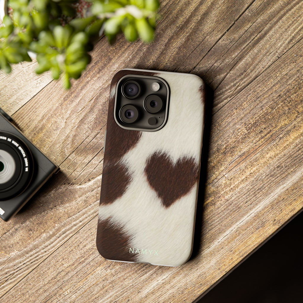 Cowhide Heart Phone Case — Cute Cow Print Protective iPhone Cover