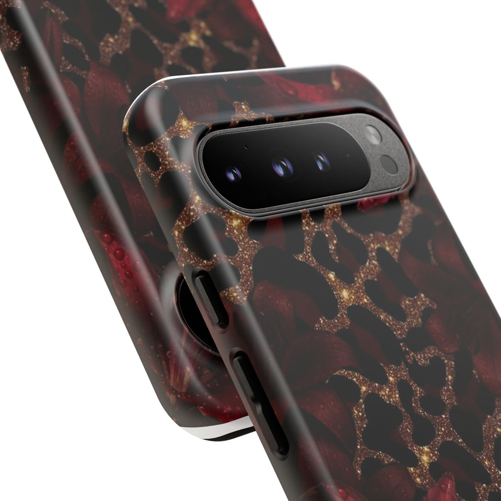 Protective Phone Case — Burgundy Floral & Gold Leopard Print Tough Case