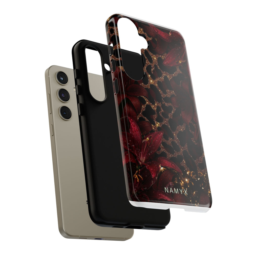 Protective Phone Case — Burgundy Floral & Gold Leopard Print Tough Case