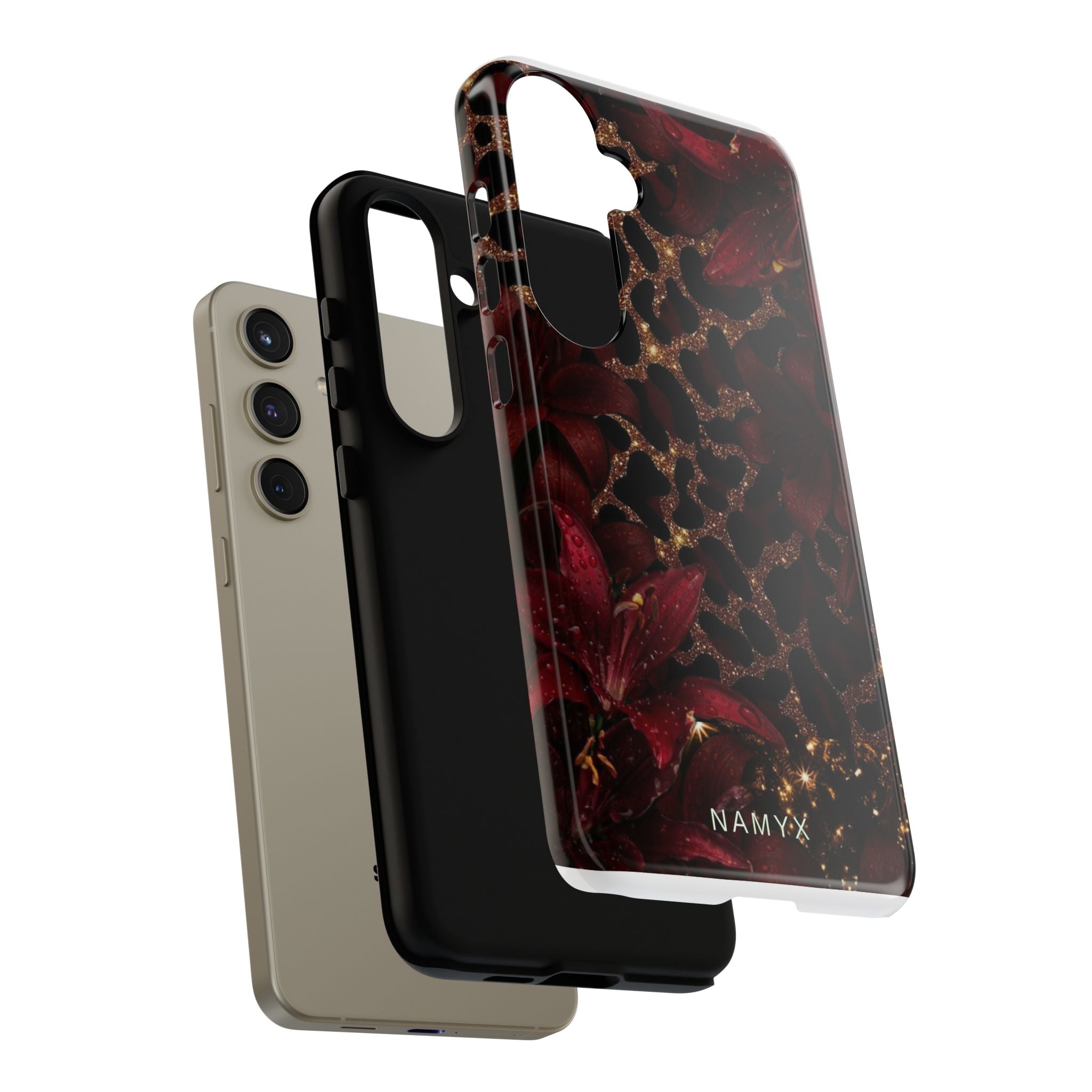 Protective Phone Case — Burgundy Floral & Gold Leopard Print Tough Case