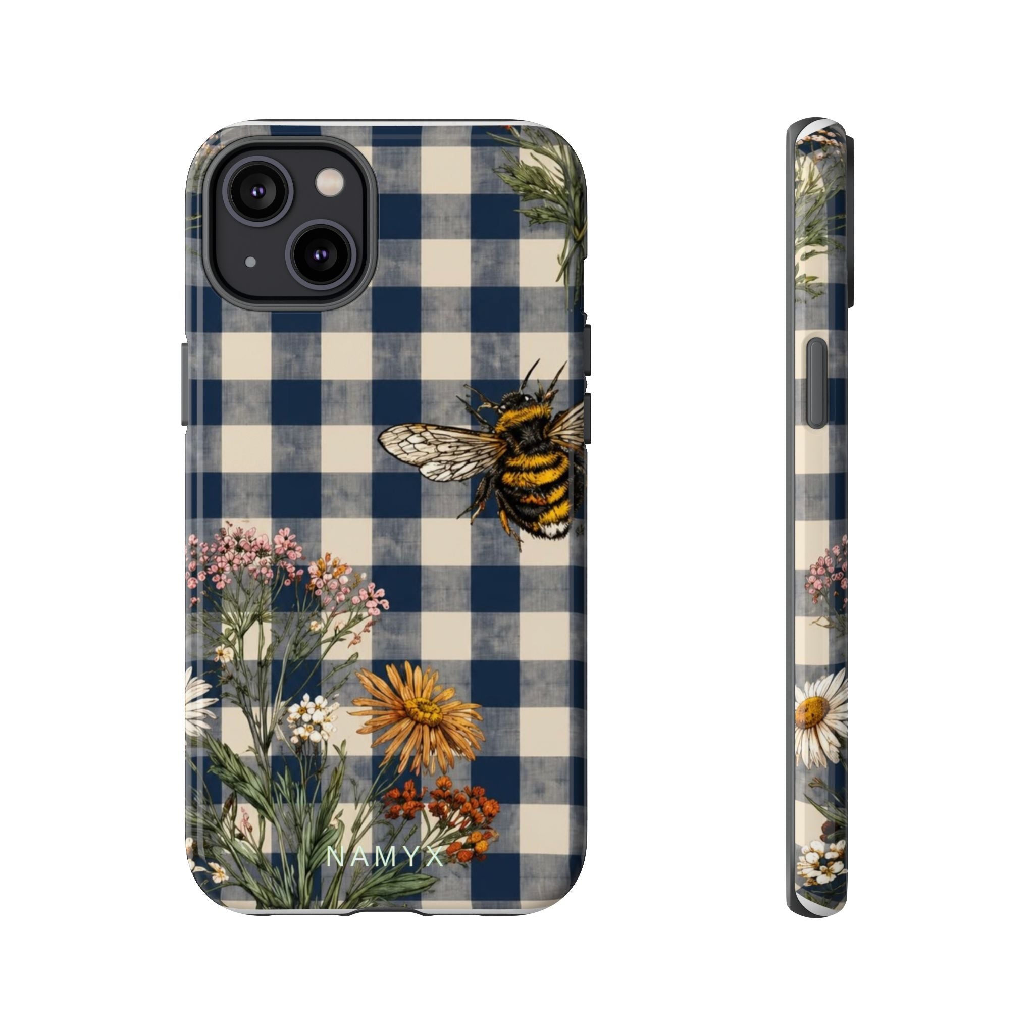 Bee & Wildflower Plaid Phone Case — Navy Buffalo Check Floral iPhone Cover