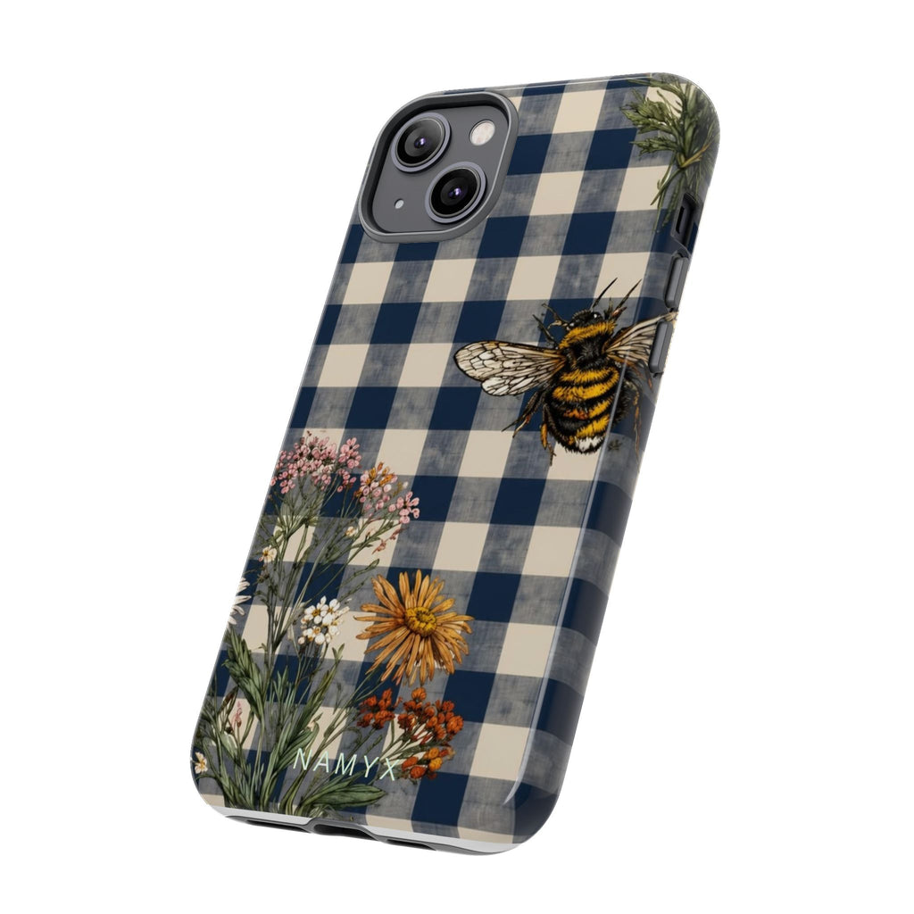 Bee & Wildflower Plaid Phone Case — Navy Buffalo Check Floral iPhone Cover