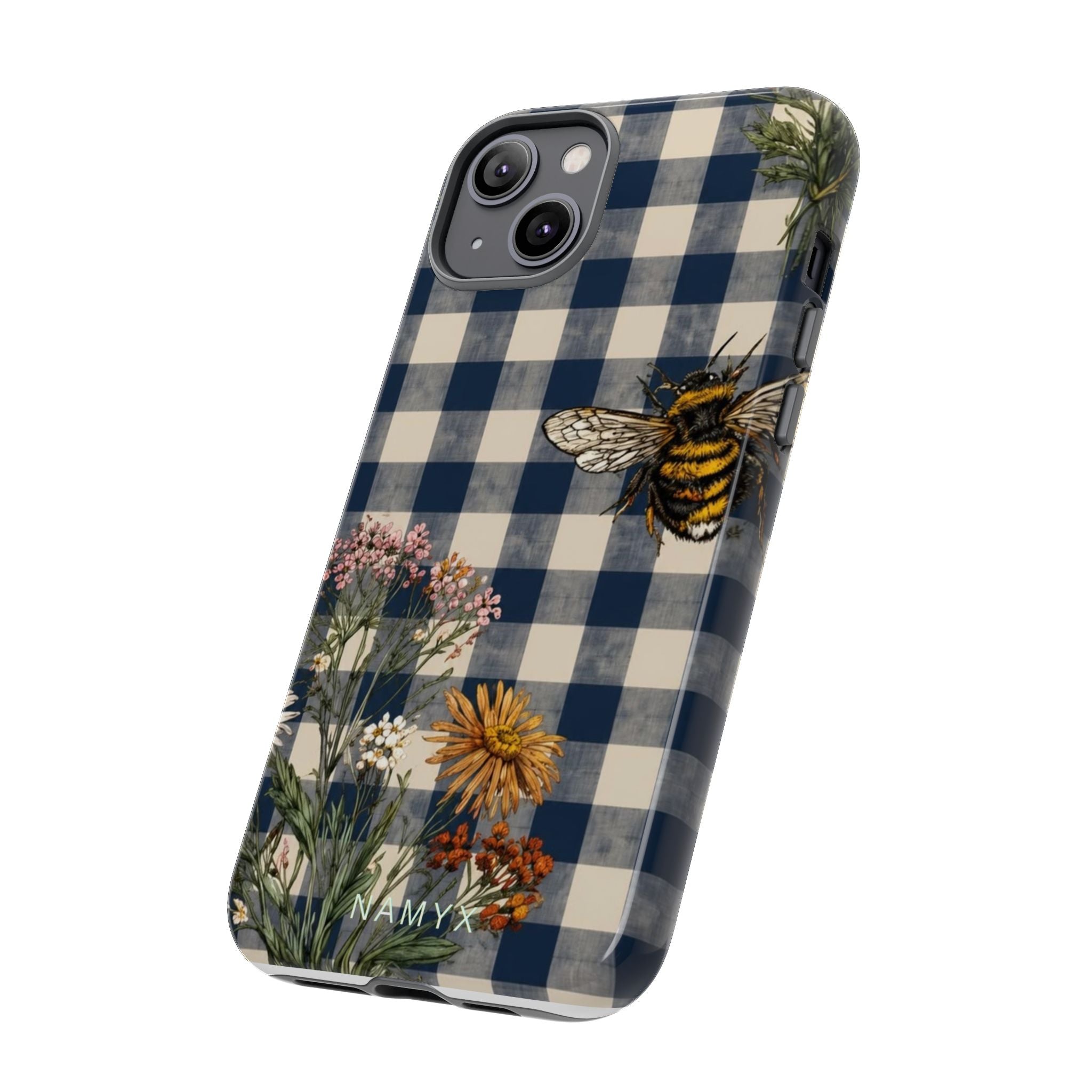 Bee & Wildflower Plaid Phone Case — Navy Buffalo Check Floral iPhone Cover
