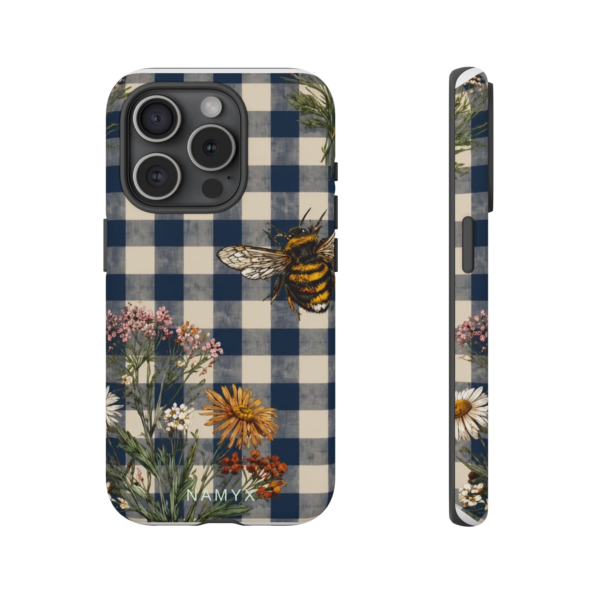Bee & Wildflower Plaid Phone Case — Navy Buffalo Check Floral iPhone Cover