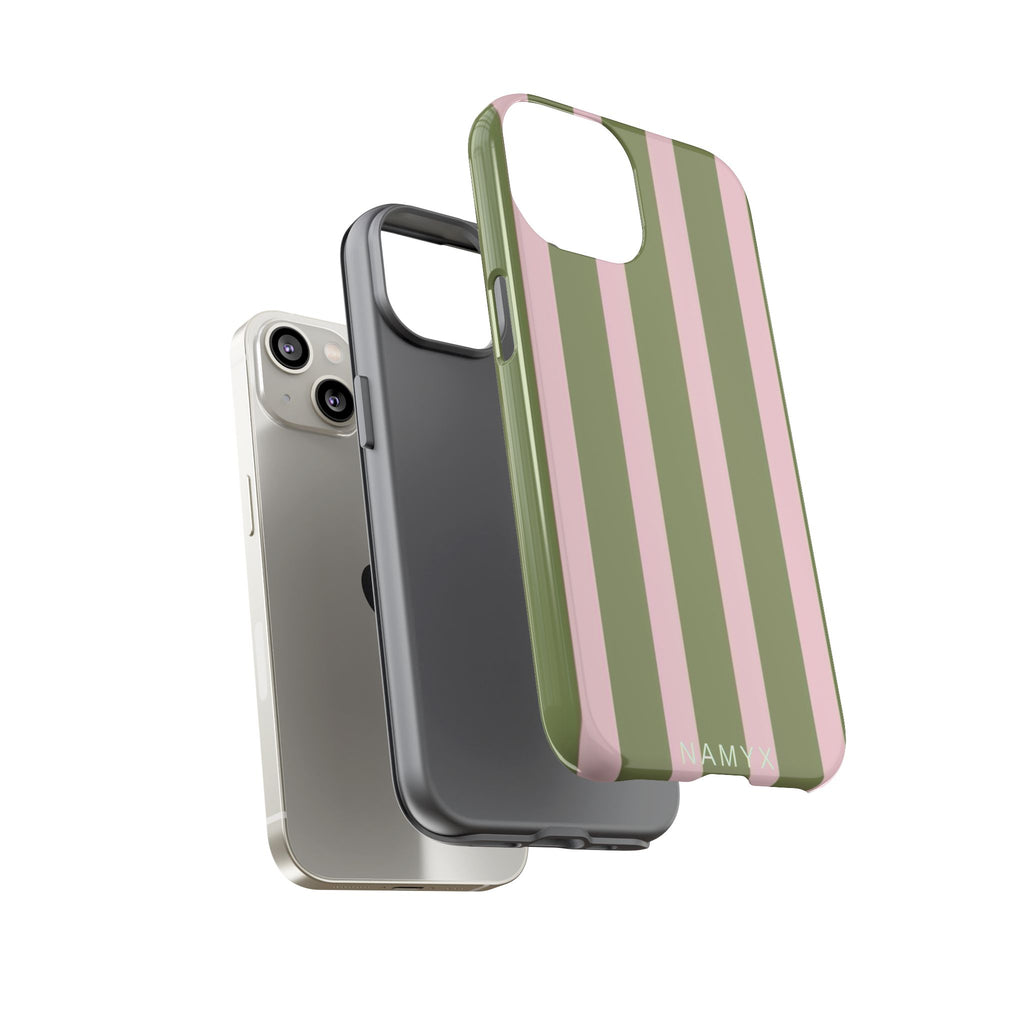Striped Olive & Blush Tough Phone Case — Durable Protective Phone Cover