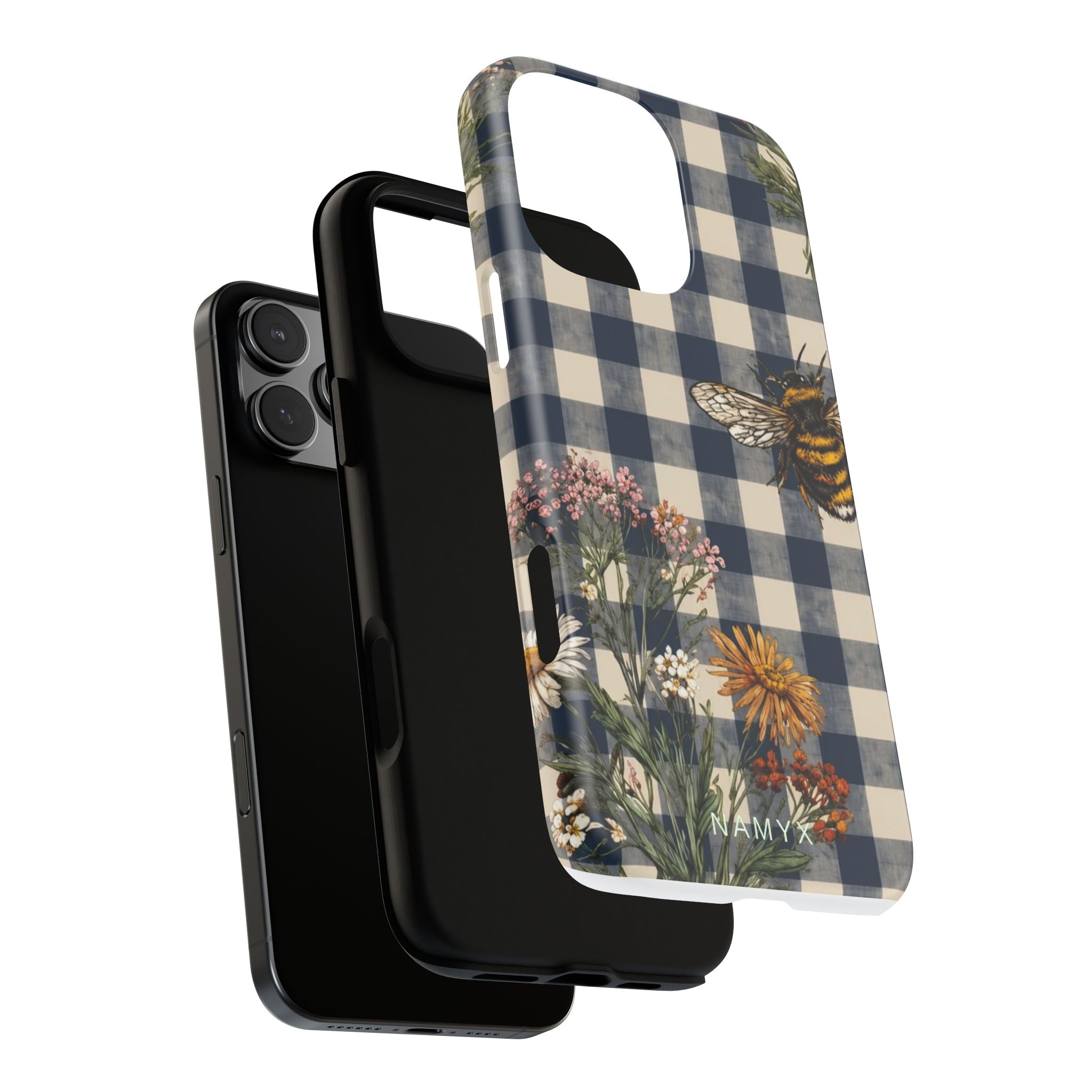 Bee & Wildflower Plaid Phone Case — Navy Buffalo Check Floral iPhone Cover