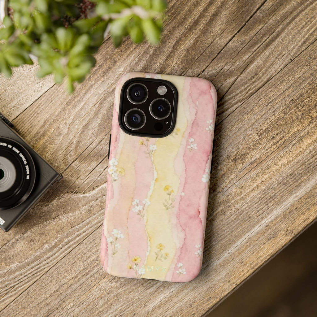 Floral Watercolor Tough Phone Case — Pink & Yellow Daisy Protective Cover