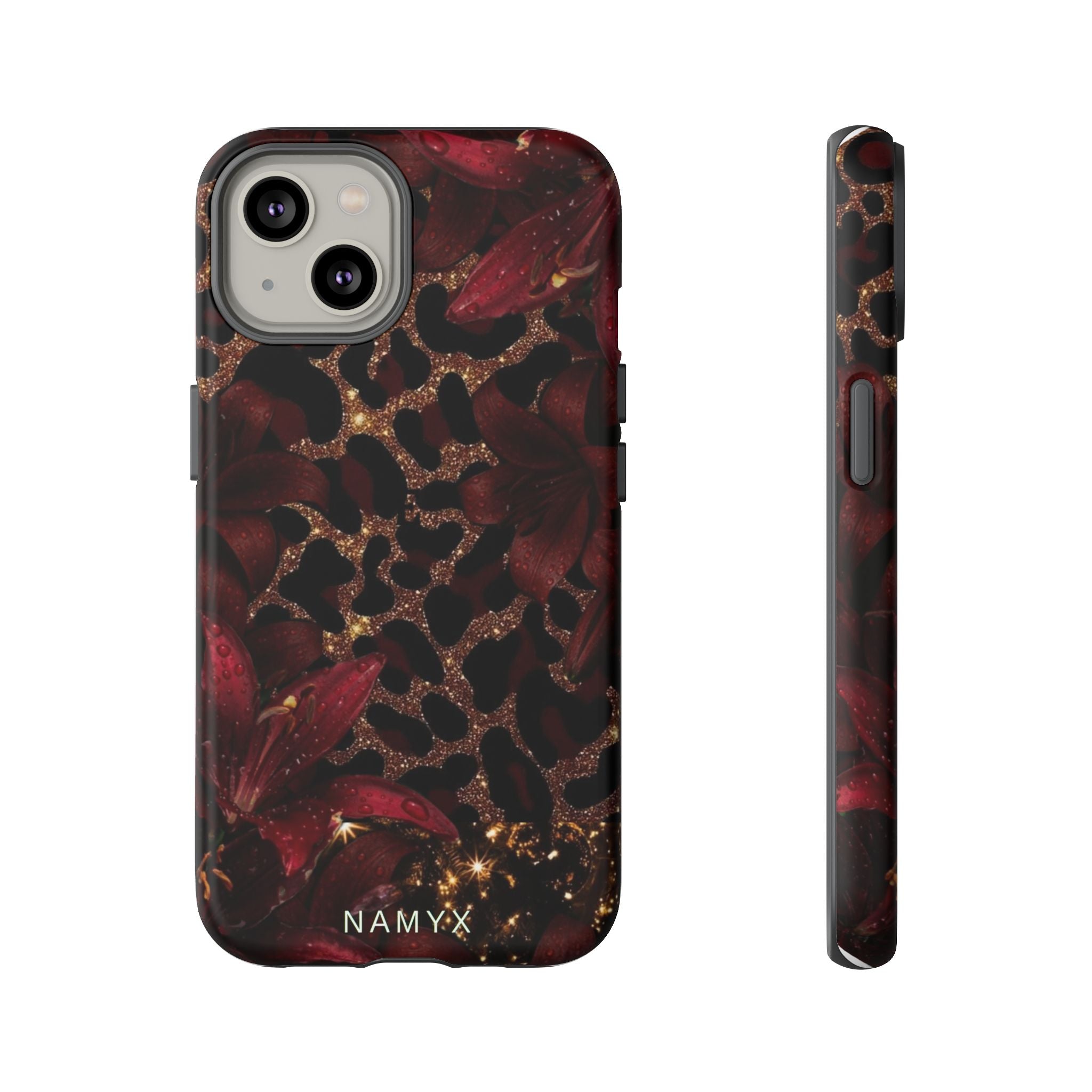 Protective Phone Case — Burgundy Floral & Gold Leopard Print Tough Case