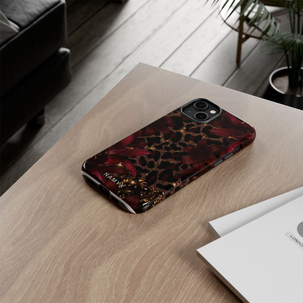 Protective Phone Case — Burgundy Floral & Gold Leopard Print Tough Case