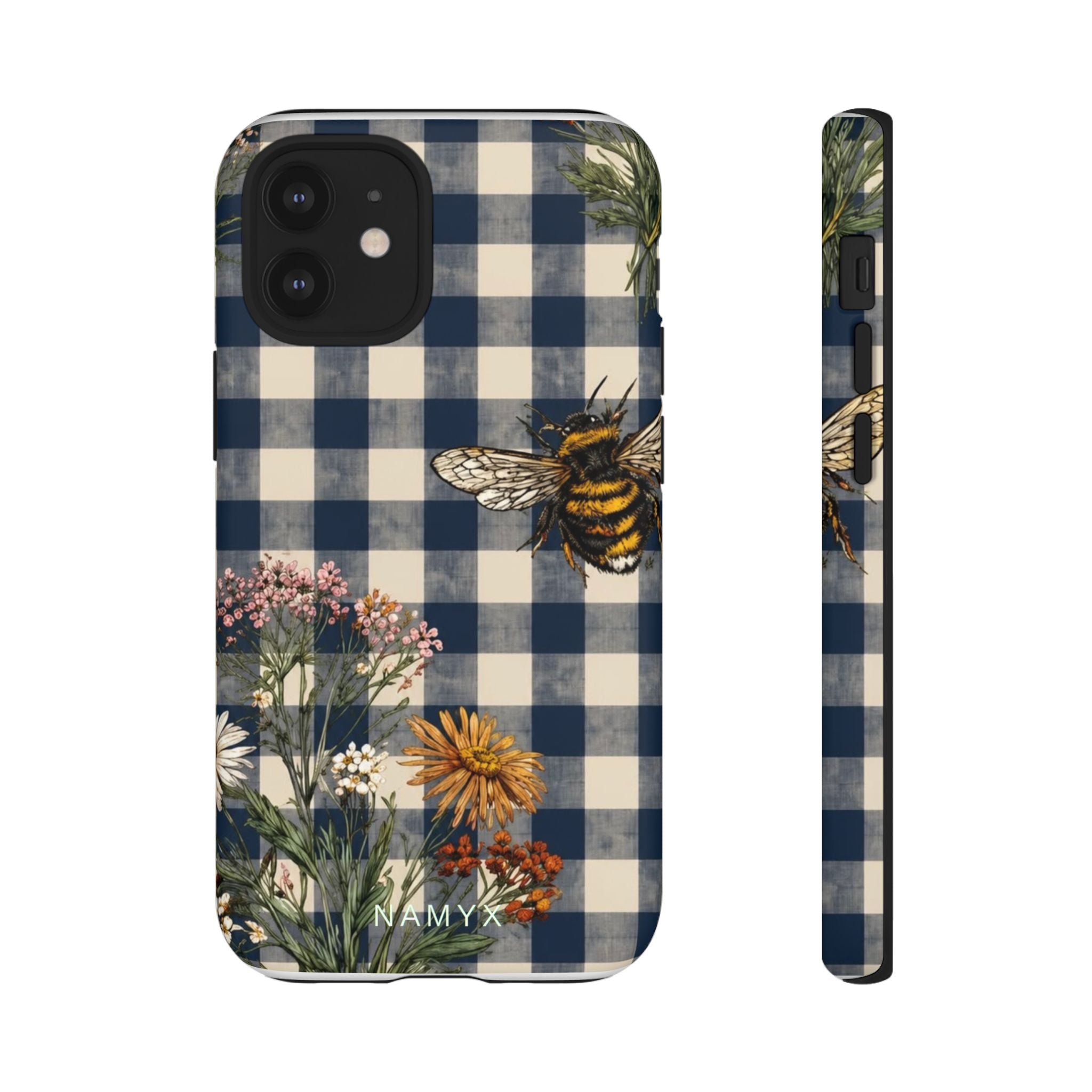 Bee & Wildflower Plaid Phone Case — Navy Buffalo Check Floral iPhone Cover