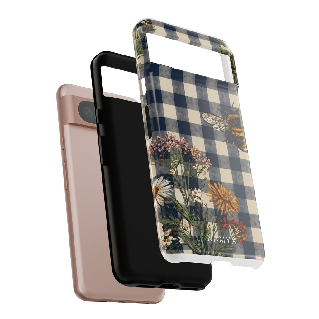 Bee & Wildflower Plaid Phone Case — Navy Buffalo Check Floral iPhone Cover