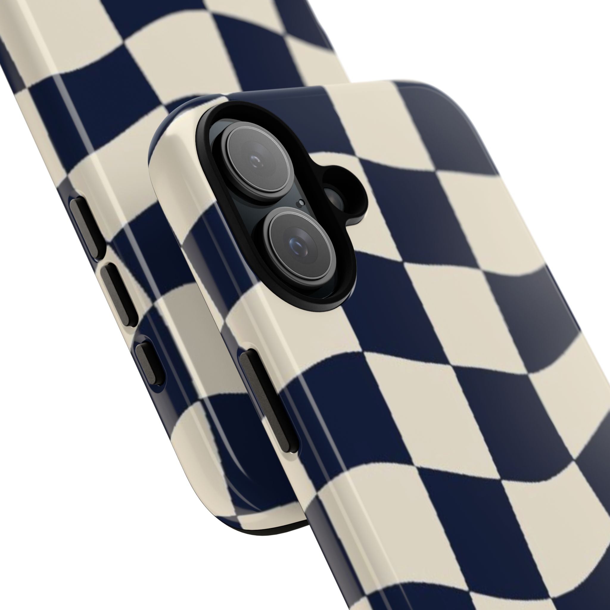 Wavy Checkered Phone Case – Retro Navy Racing Pattern Tough Case