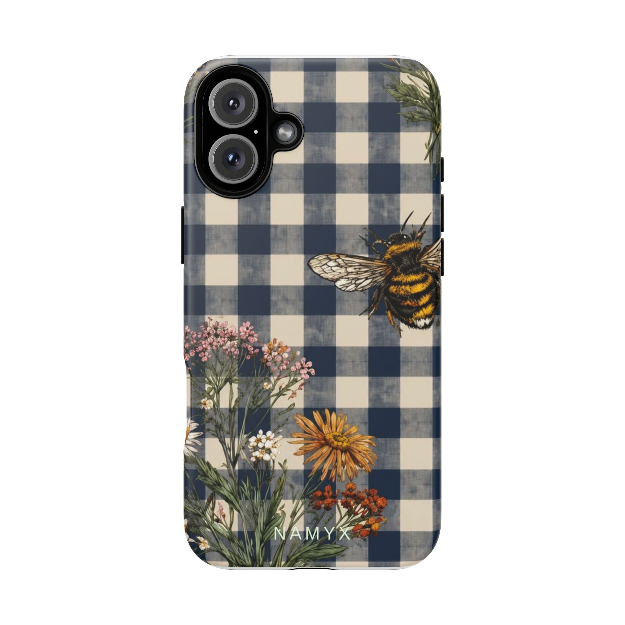 Bee & Wildflower Plaid Phone Case — Navy Buffalo Check Floral iPhone Cover