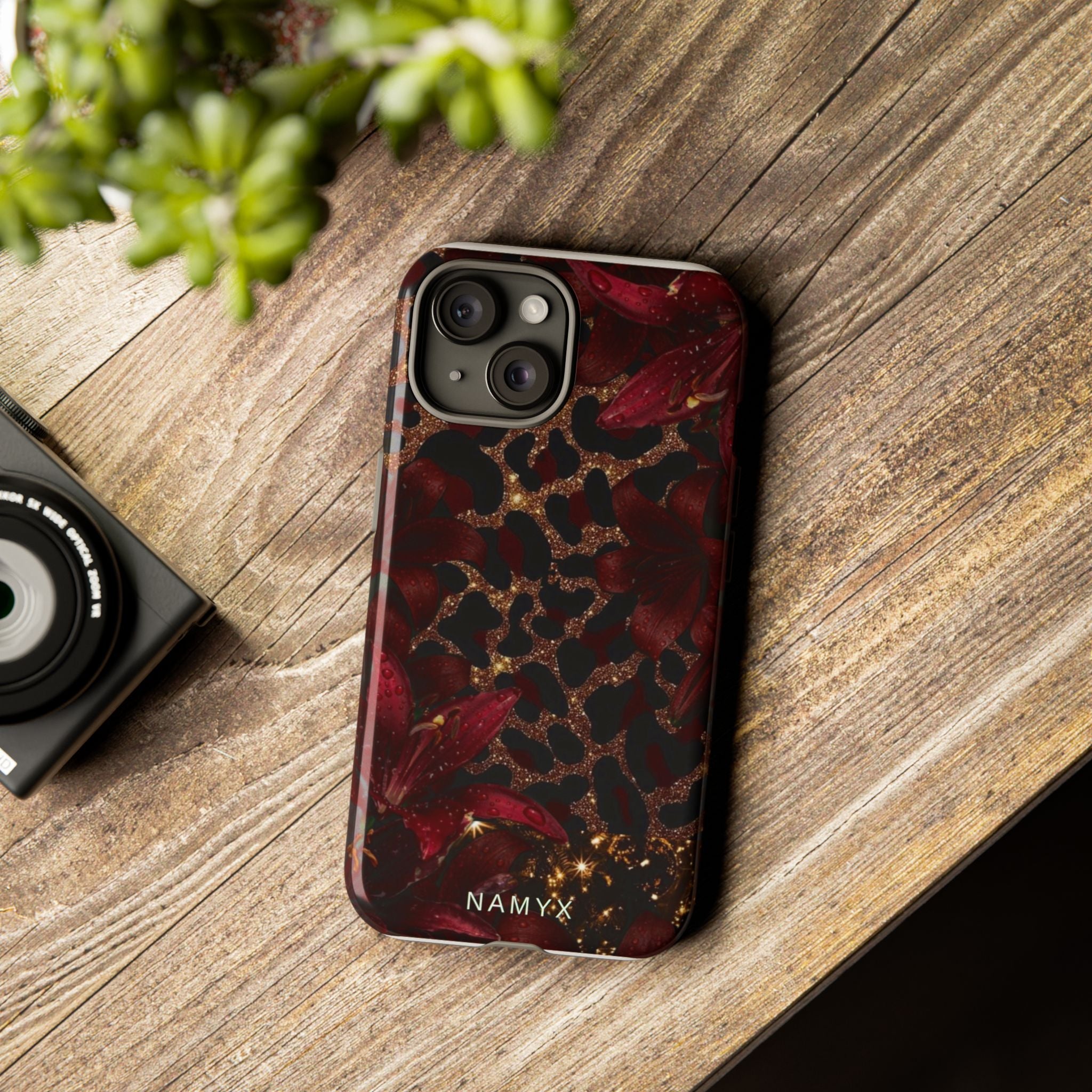 Protective Phone Case — Burgundy Floral & Gold Leopard Print Tough Case