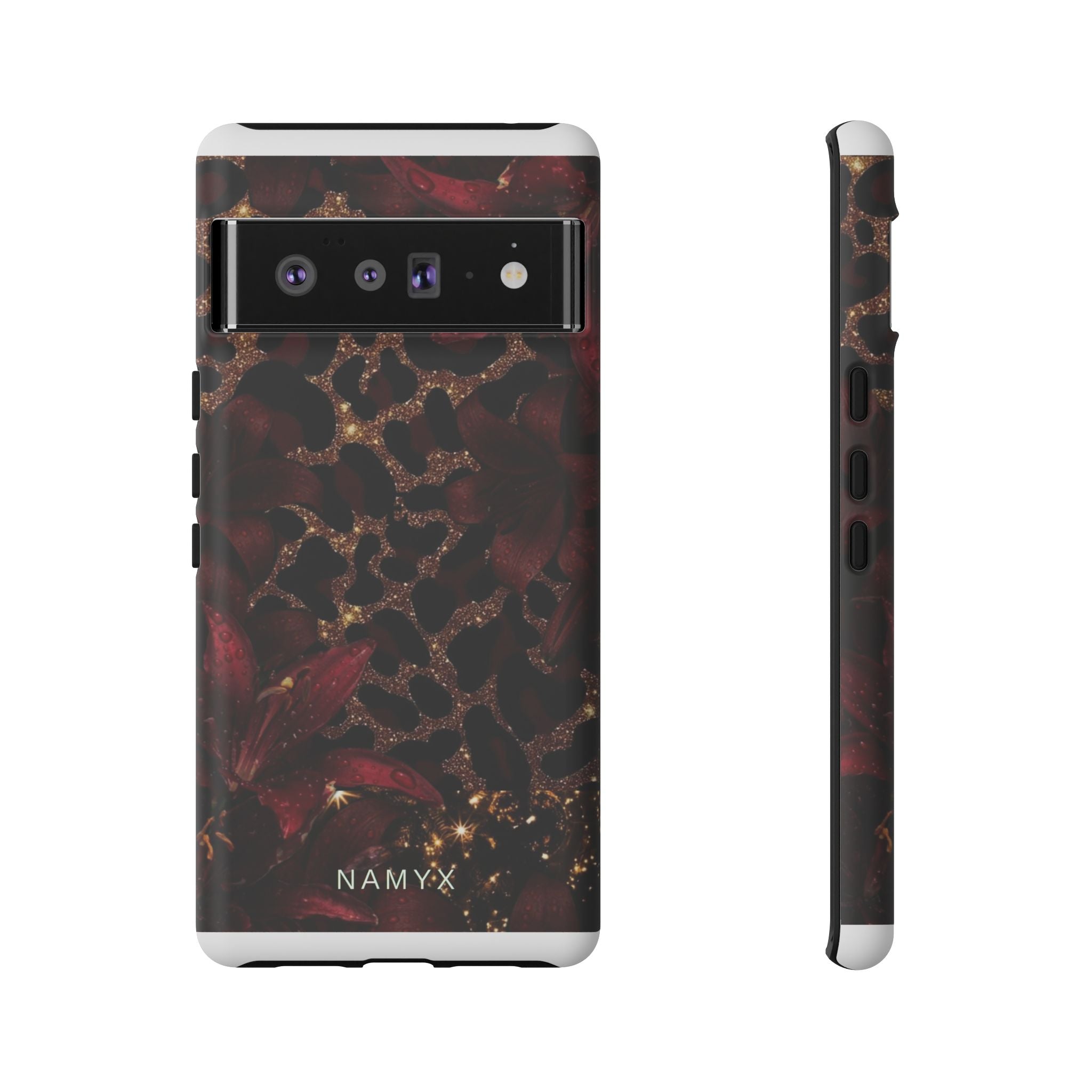 Protective Phone Case — Burgundy Floral & Gold Leopard Print Tough Case